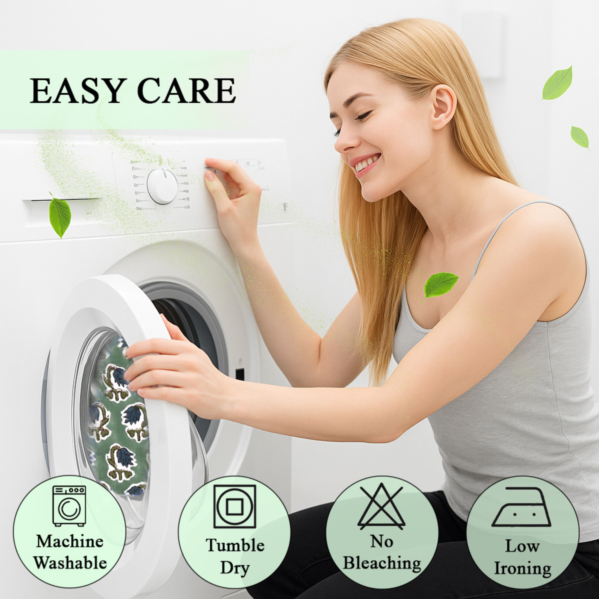 Woman putting cotton pillow cover in washing machine with easy-care icons.