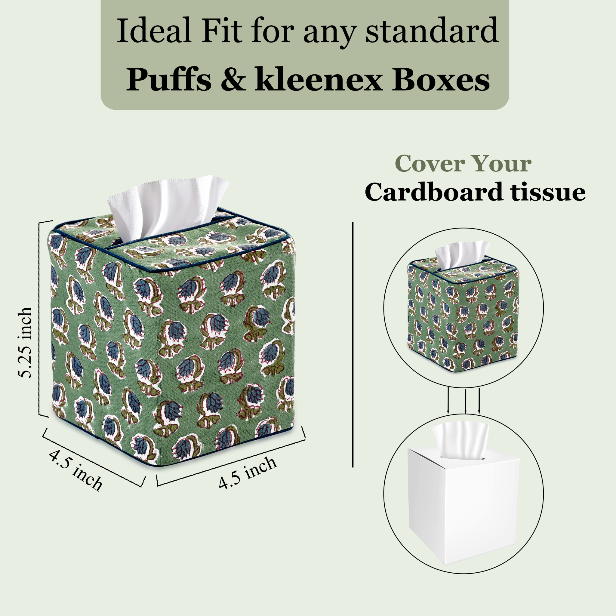 Tissue box cover with hedgehog pattern, dimensions, and text about fit and use.
