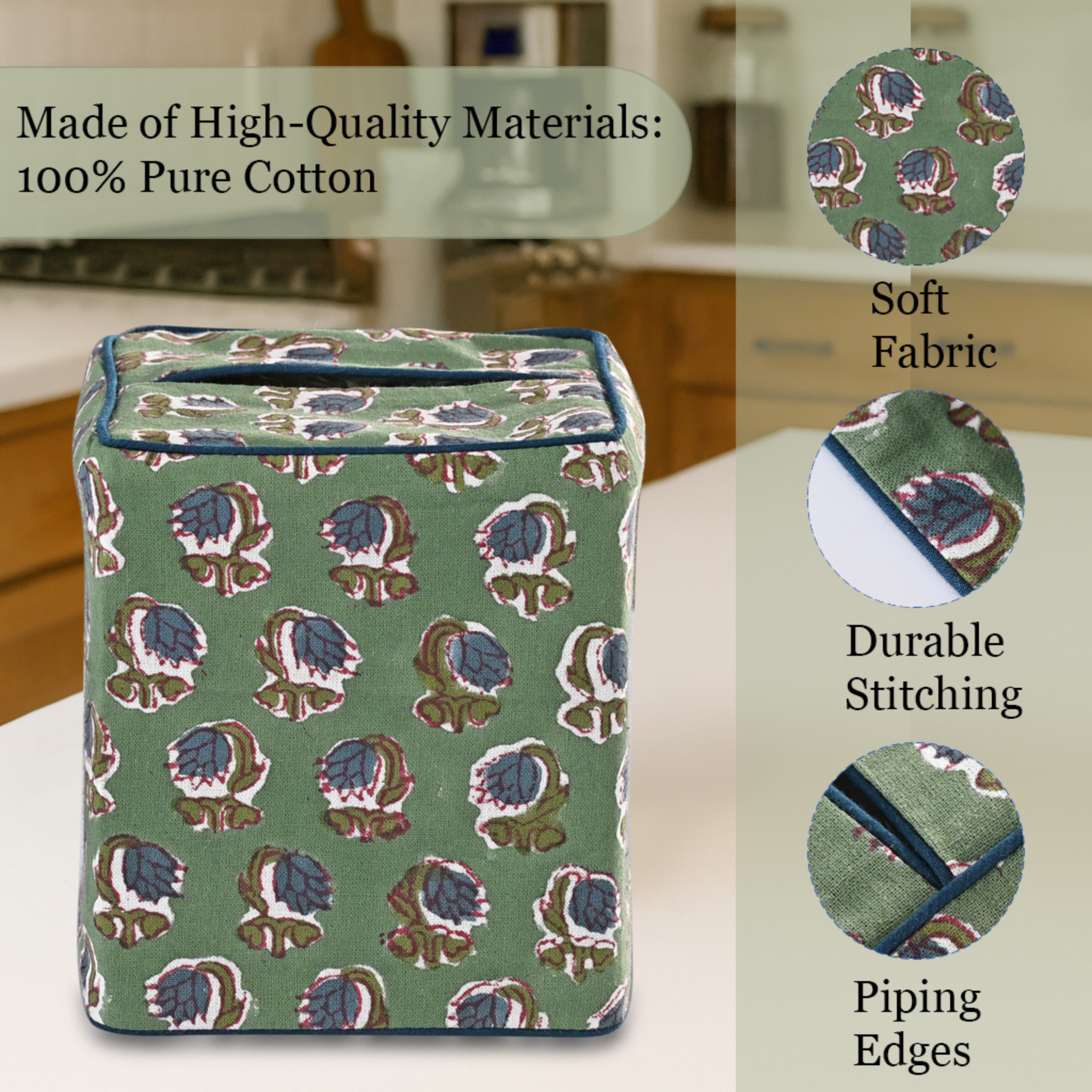 Decorative tissue box cover with floral pattern on a neutral background