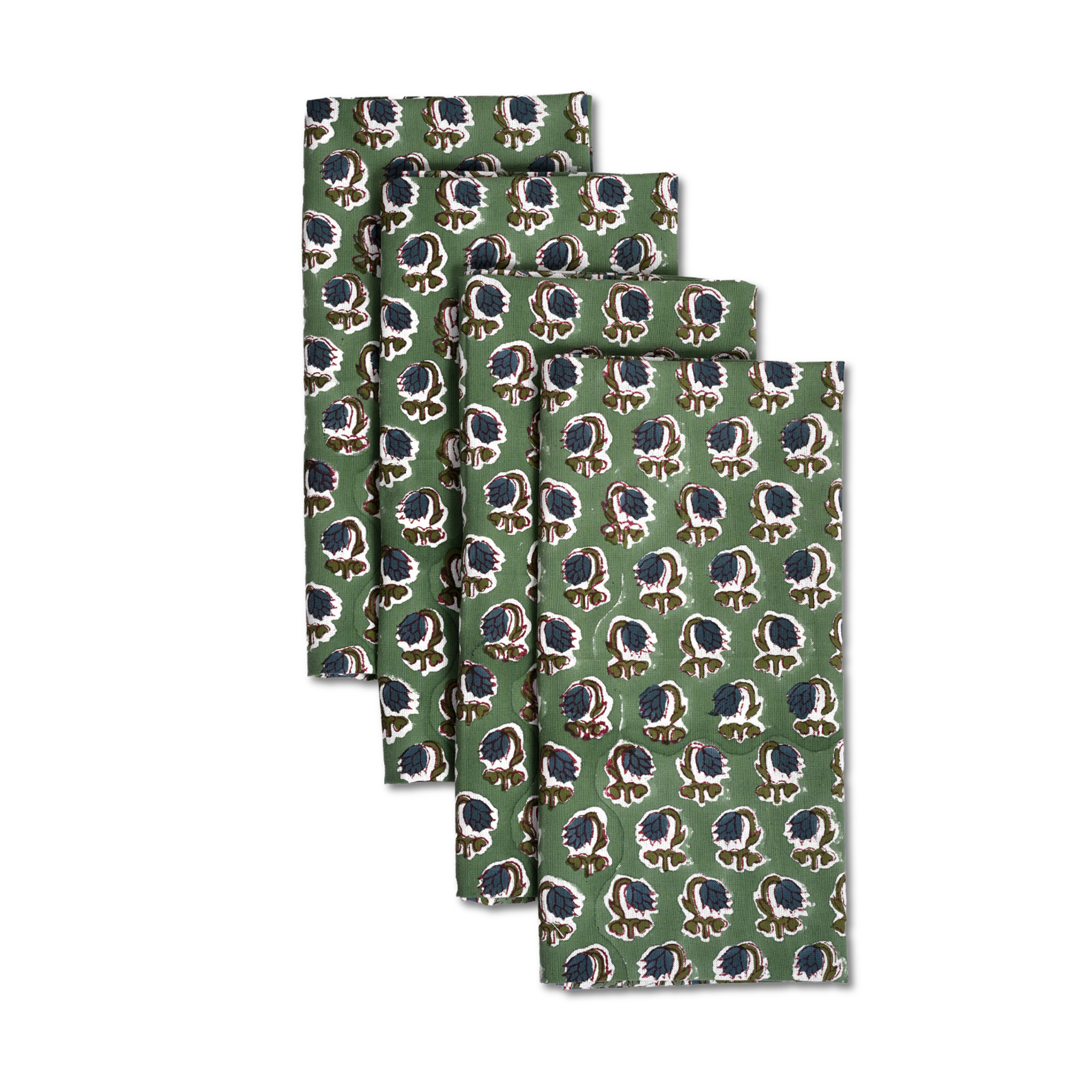 Set of four green napkins with hedgehog pattern on a white background