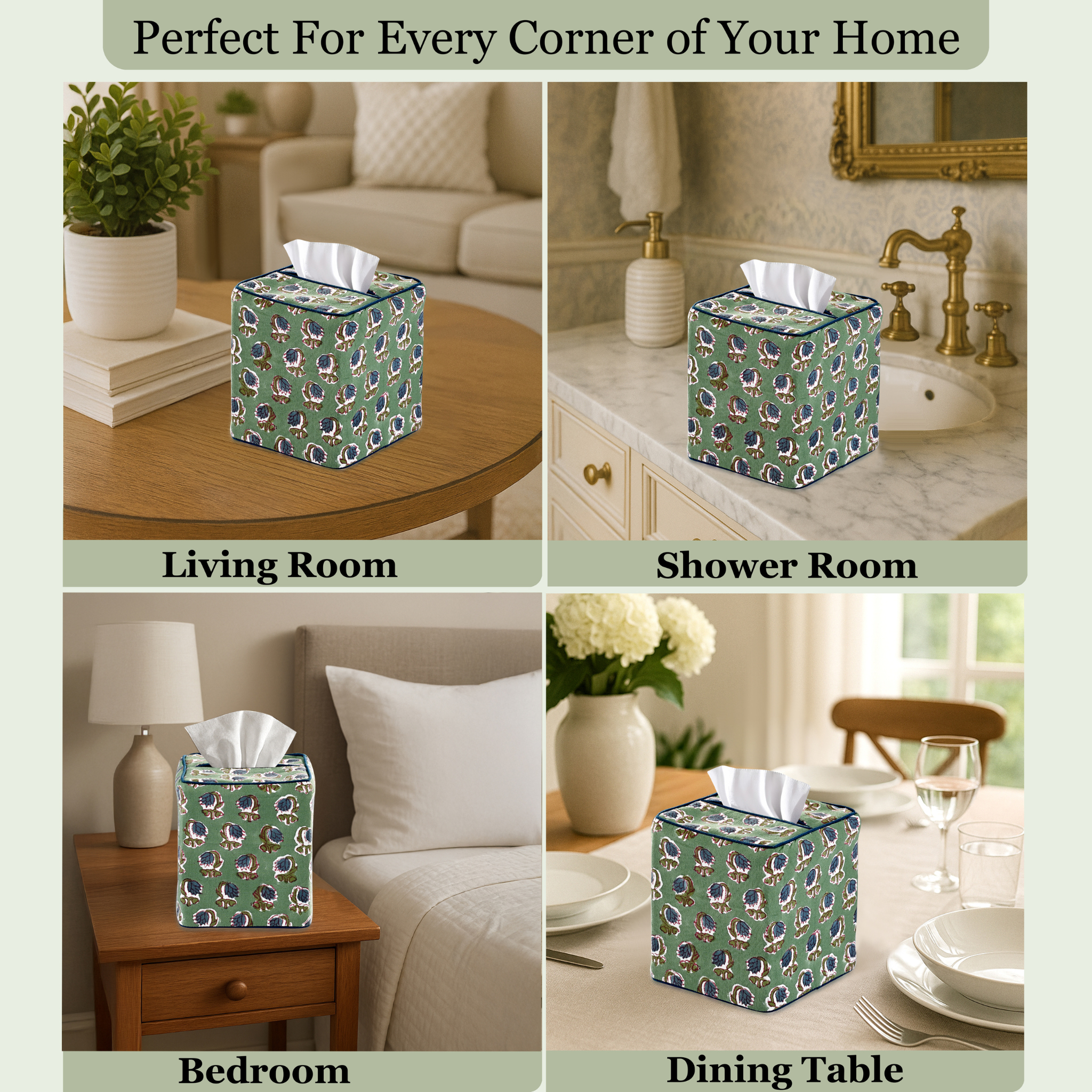 Collage of a patterned tissue box cover in various home settings.
