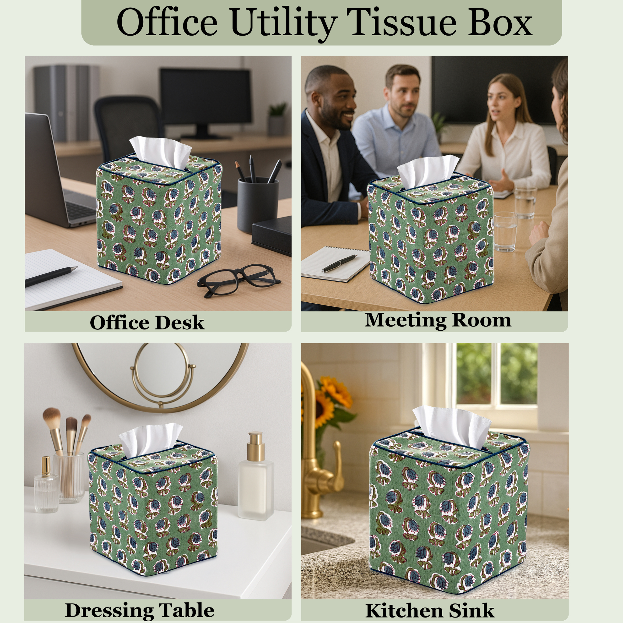 Green office utility tissue box with dog pattern in various settings
