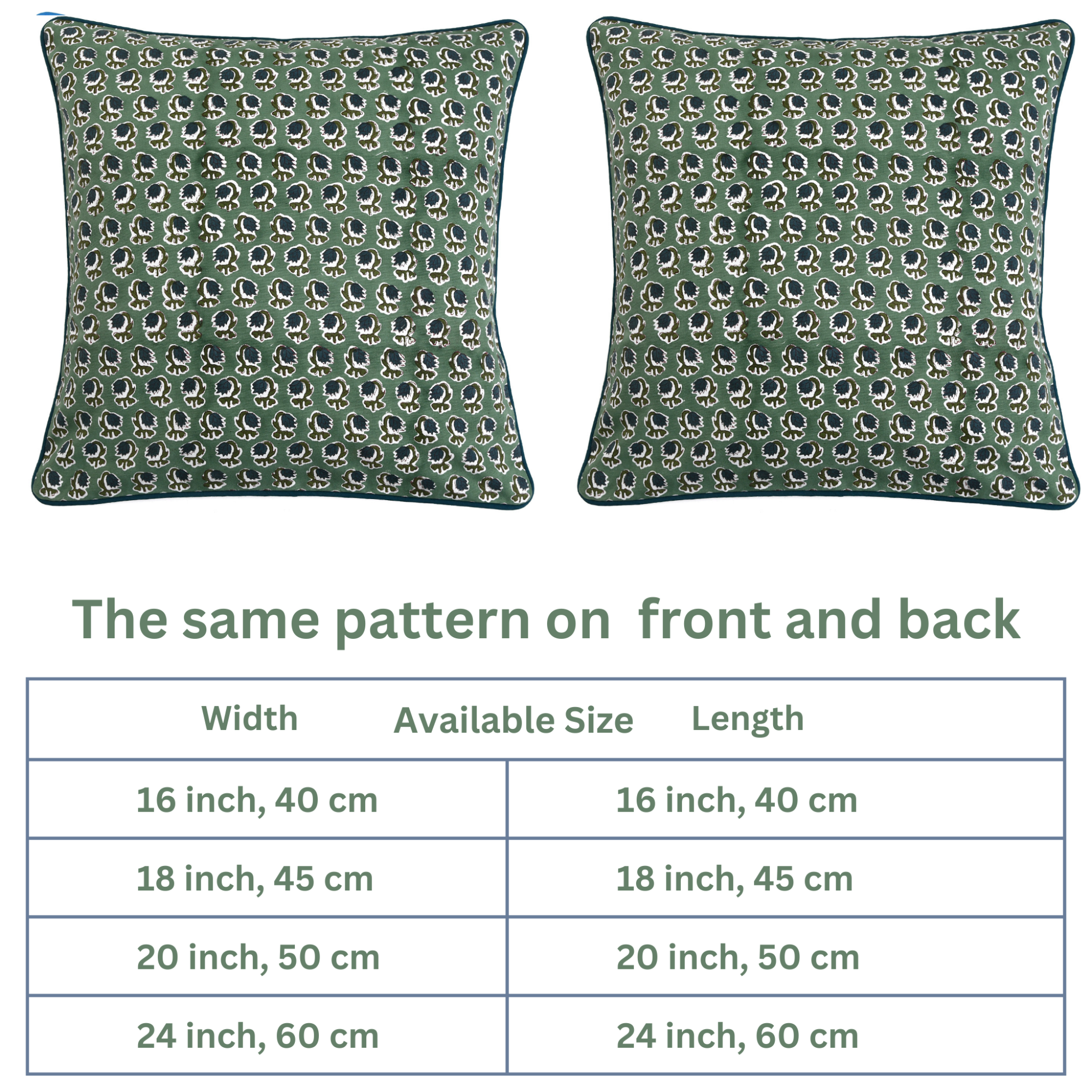 Two green patterned pillows with a size chart below on a white background