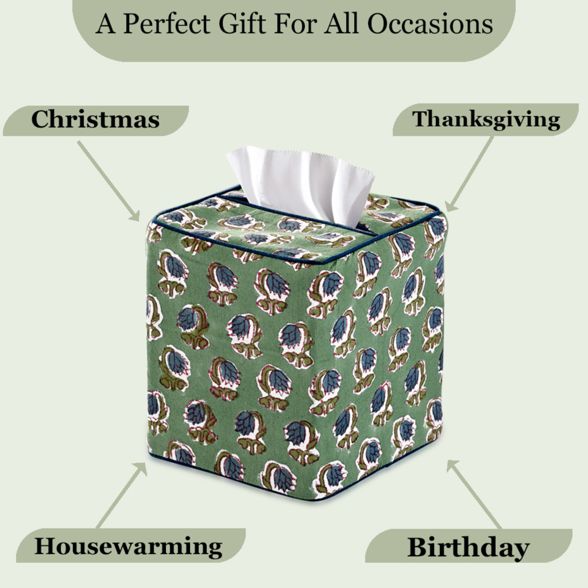 Tissue box cover with floral pattern on a light green background, labeled for various occasions.
