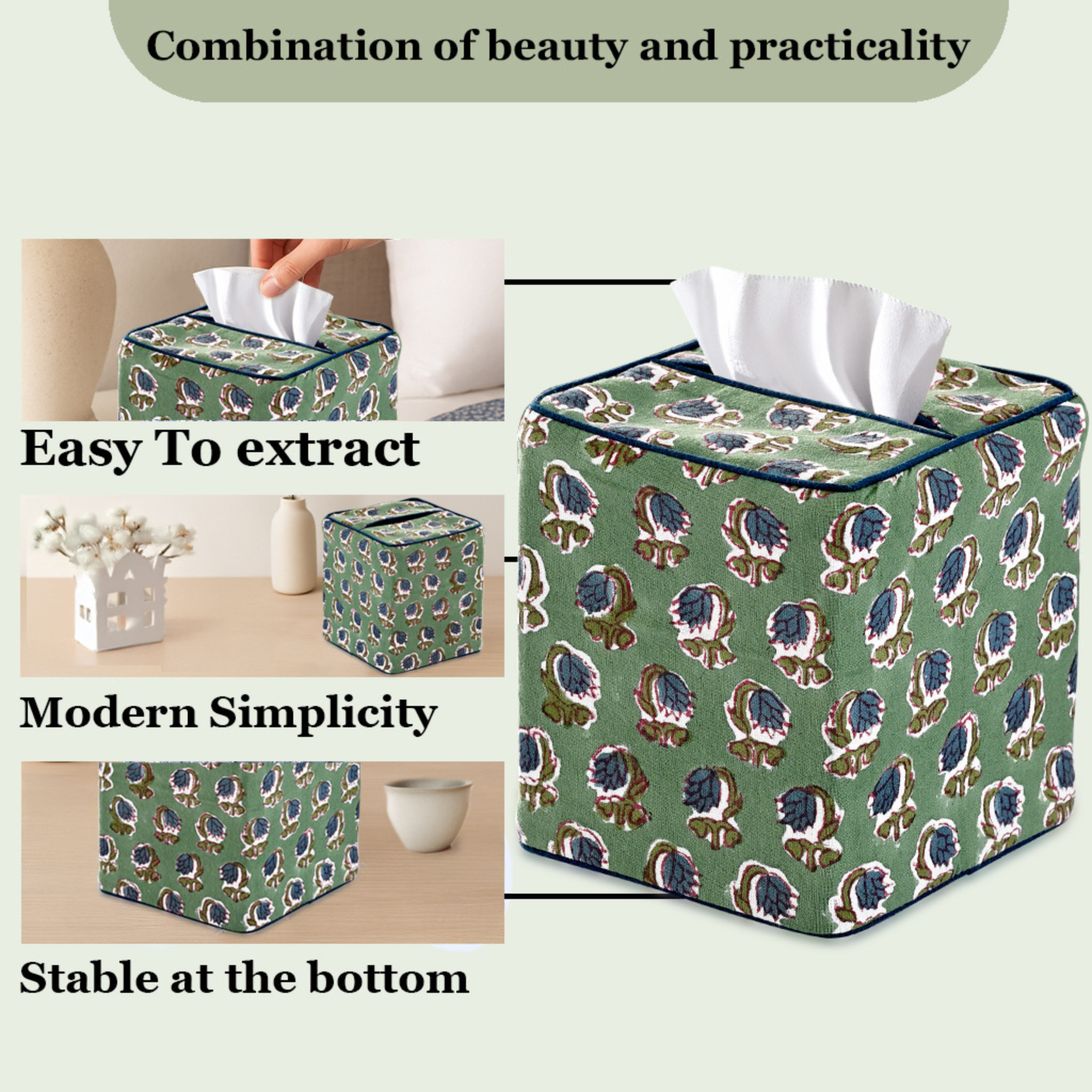 Green patterned tissue box with text highlighting features on a light background