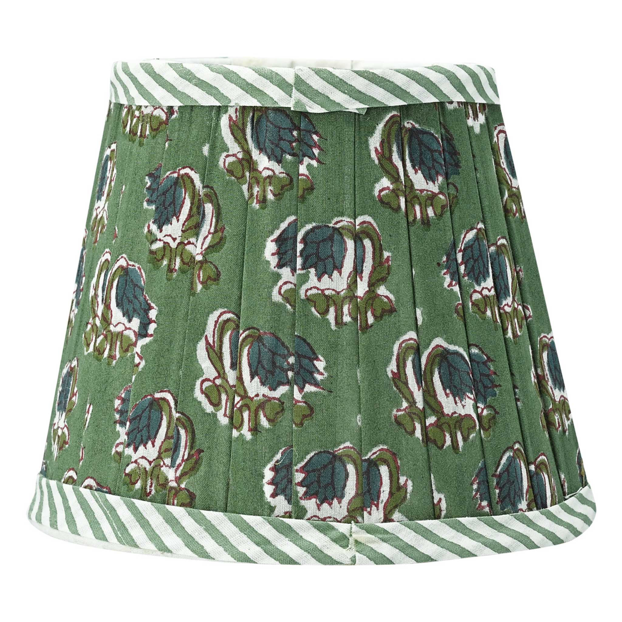 Green pleated skirt with dinosaur pattern and white striped trim on a white background