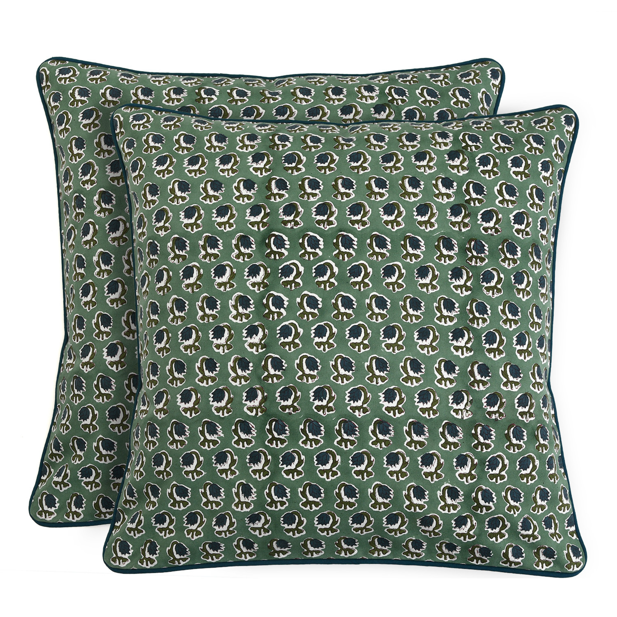 Two green patterned pillows on a white background