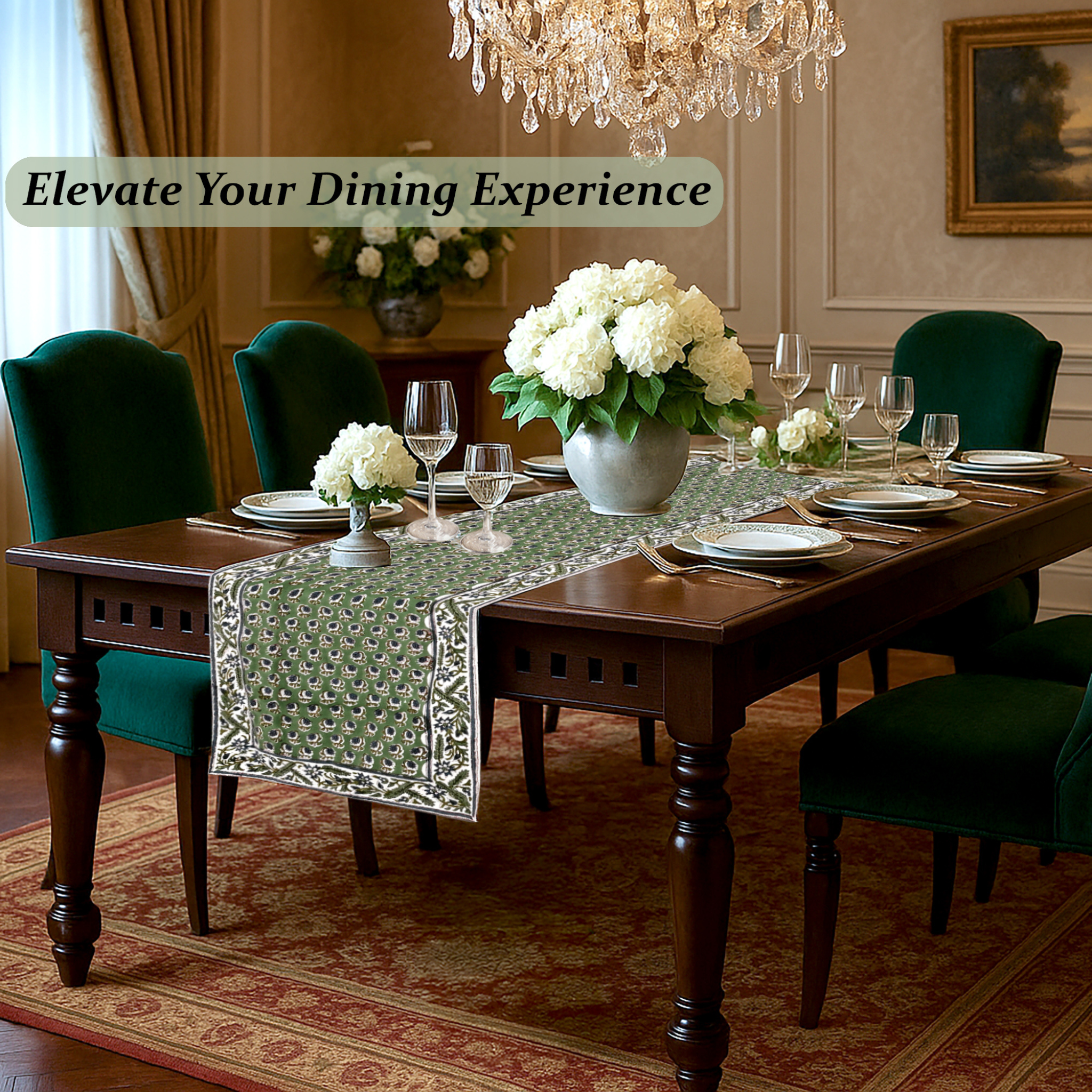 Dining room with a table set for dinner, flowers, and a chandelier.