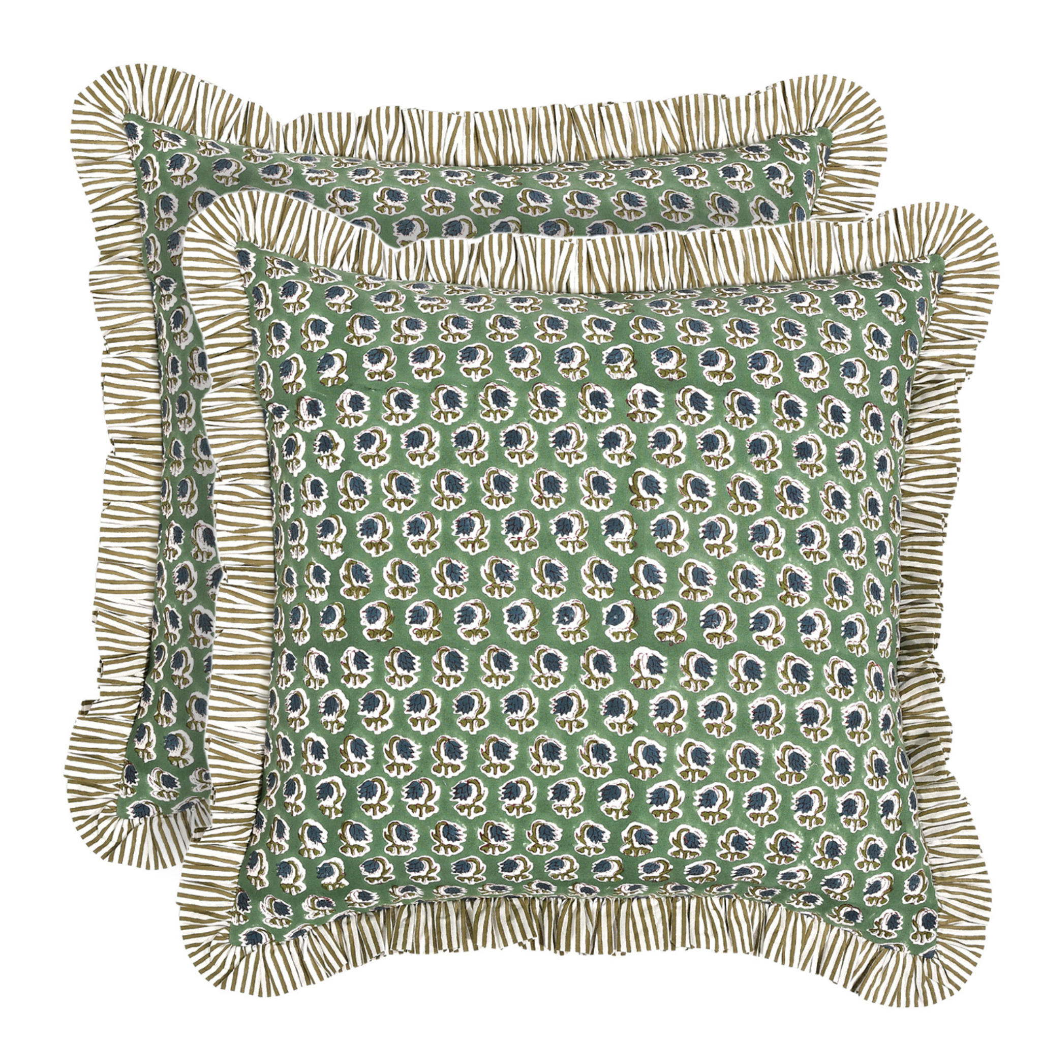 Green patterned pillow with ruffled edge on a white background