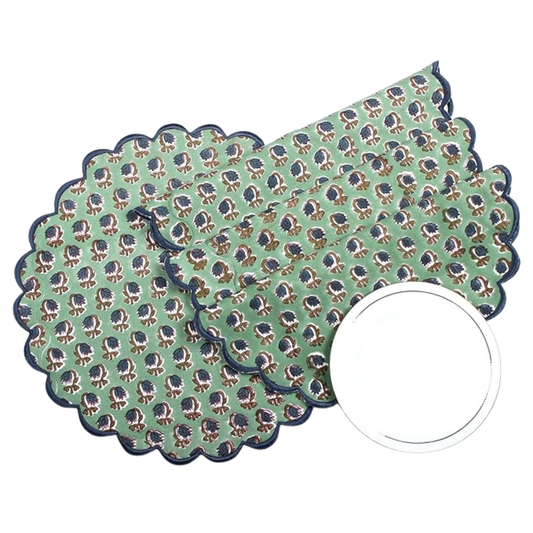 Decorative placemat with scalloped edge and pattern on a white background