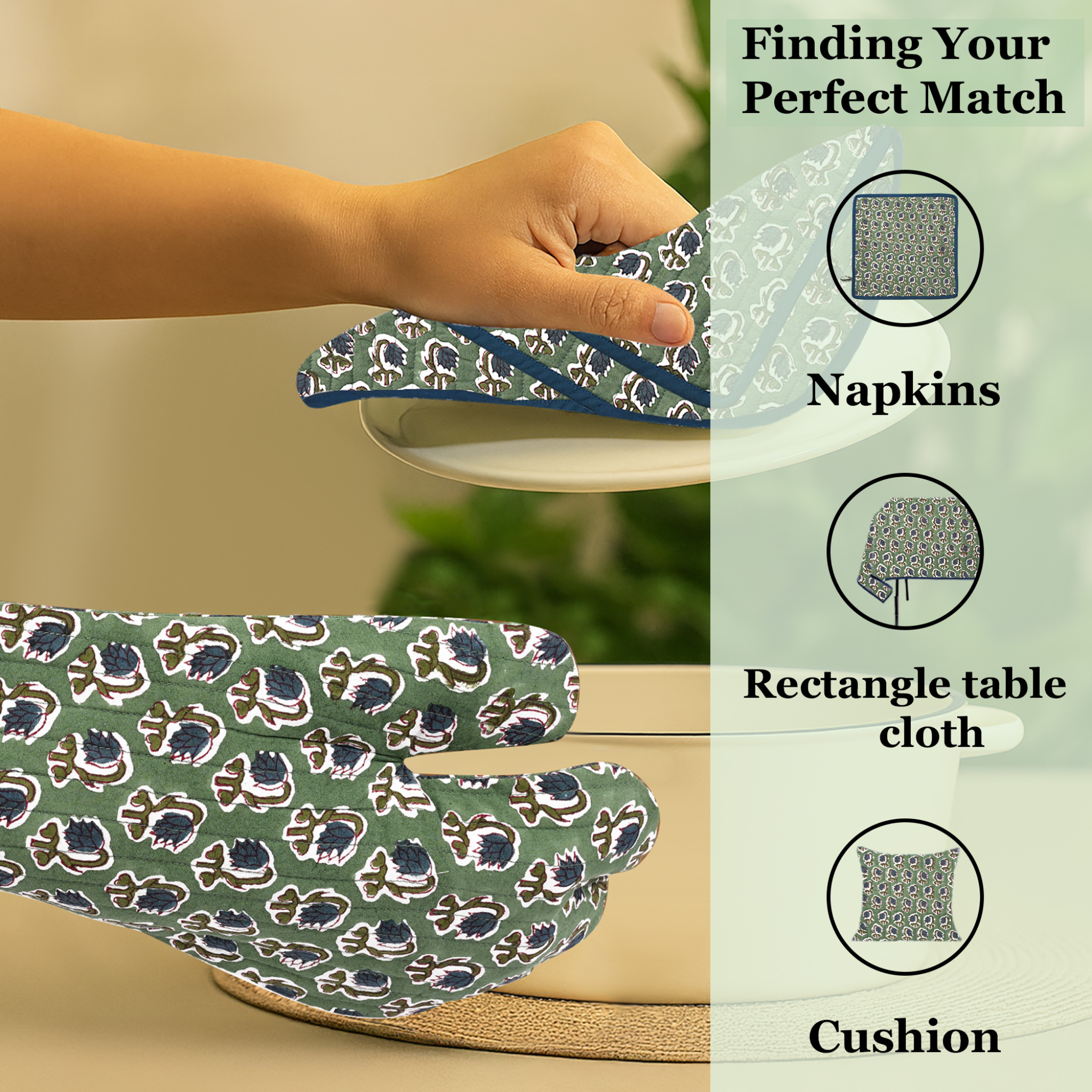 Patterned tablecloth, napkins, and cushion on a neutral background with text 'Finding Your Perfect Match'.