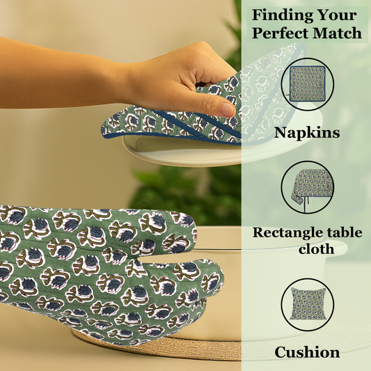 Patterned tablecloth, napkins, and cushion on a neutral background with text 'Finding Your Perfect Match'.