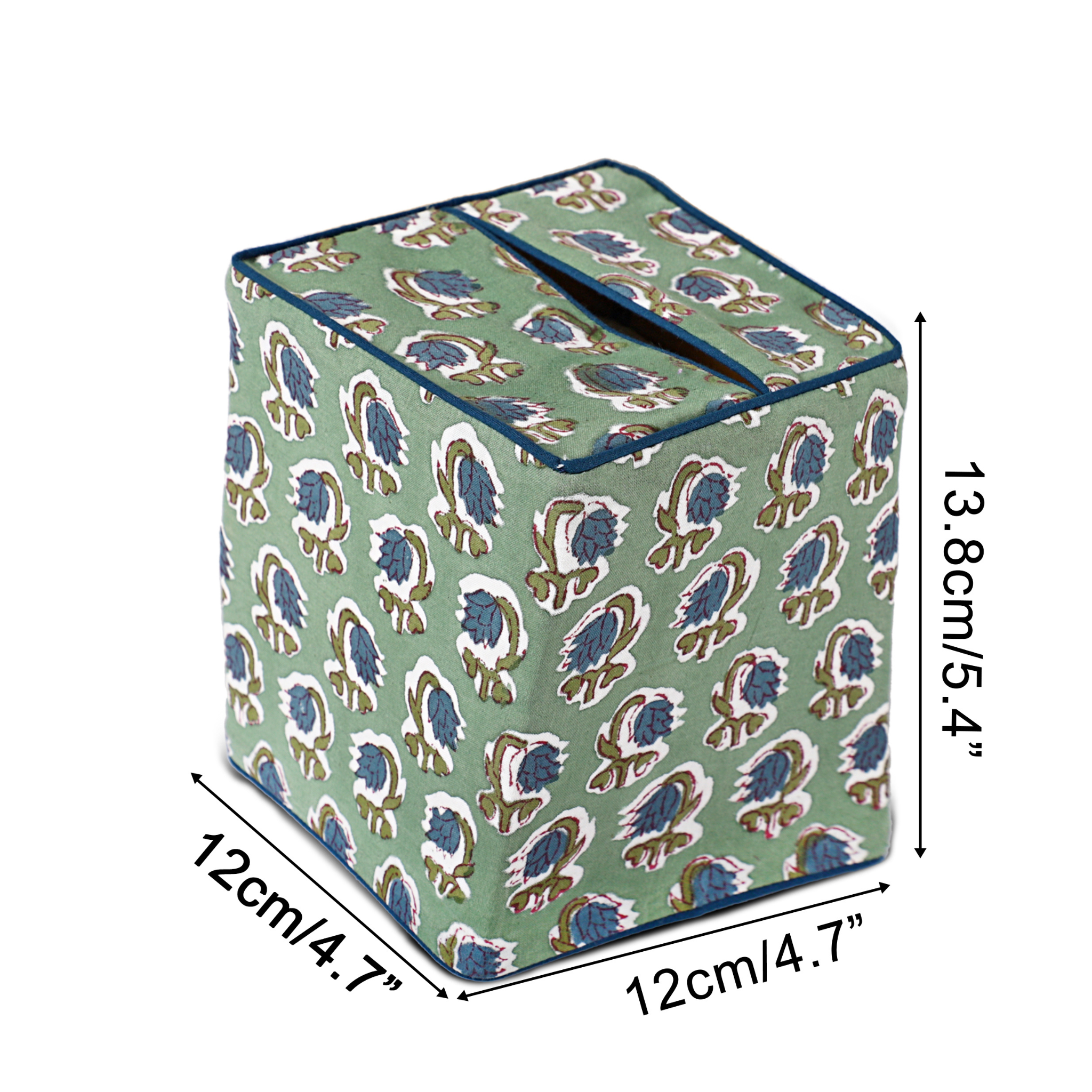 Patterned tissue box cover with dimensions on a white background