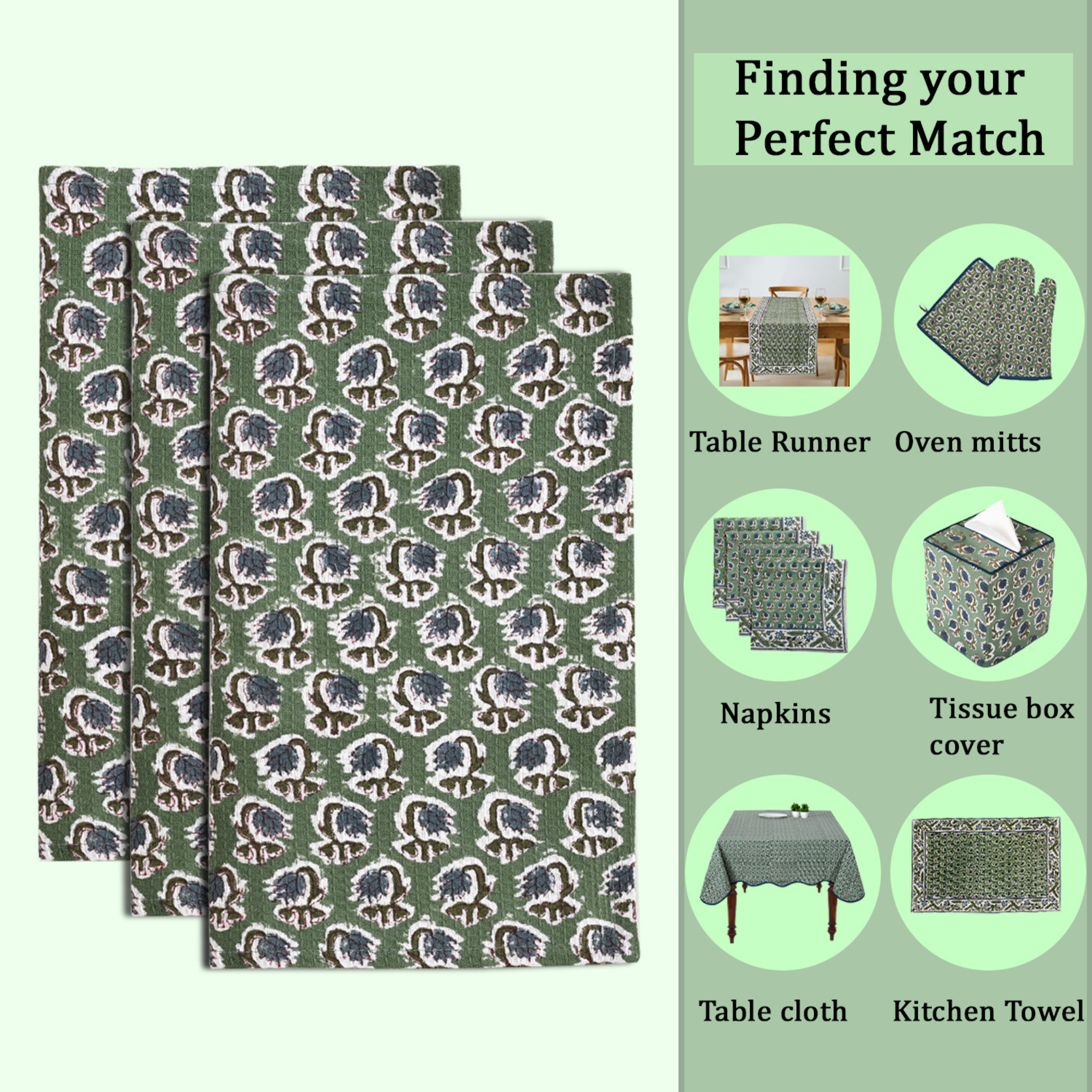 Set of green patterned dish cloths with product suggestions on a green background