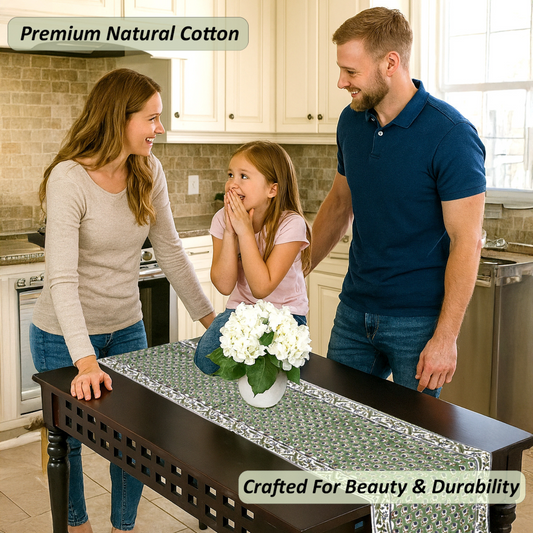 Family in a kitchen with a table runner featuring premium natural cotton.