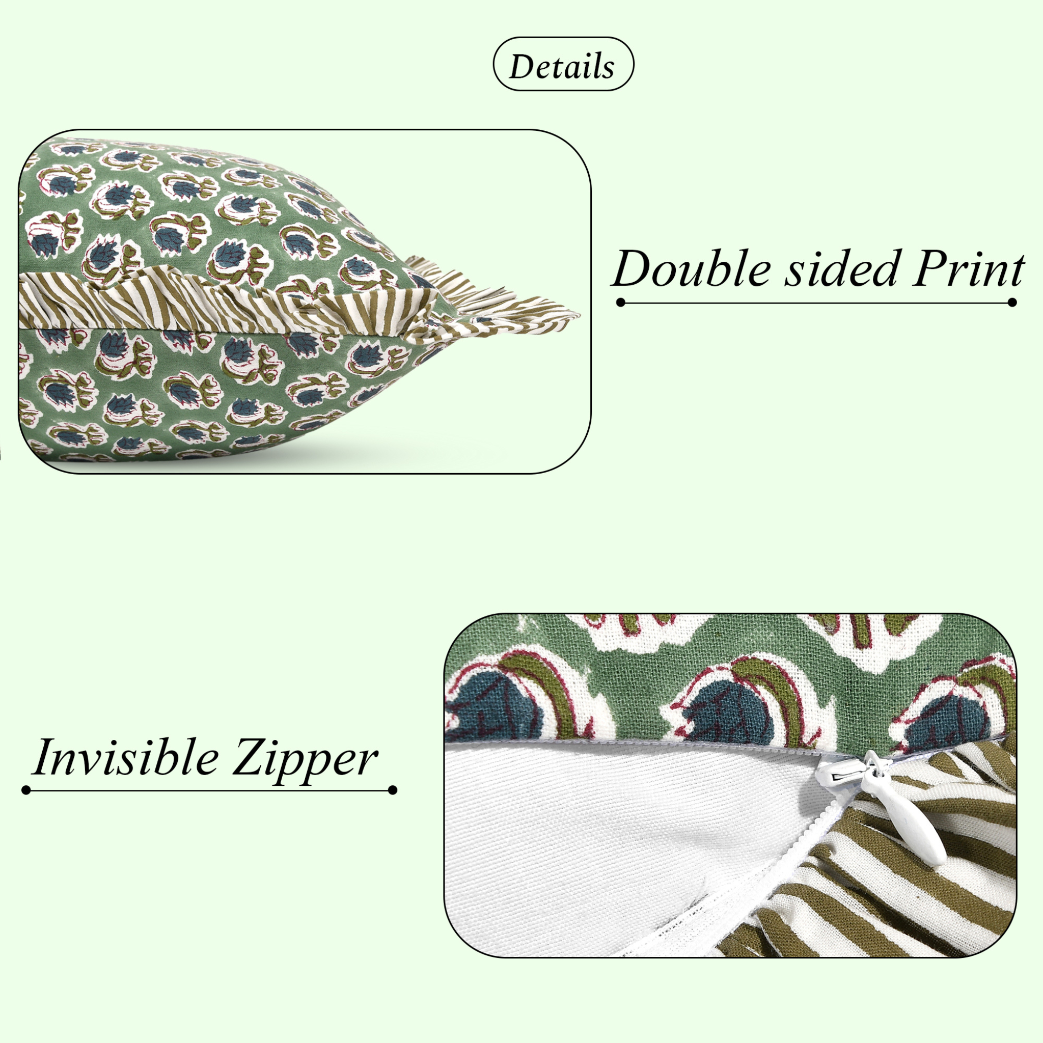 Close-up of cotton pillow cover showing double-sided print and invisible zipper.