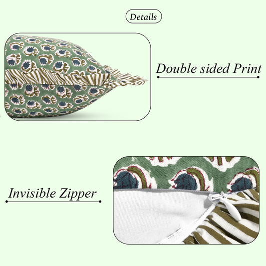 Close-up of cotton pillow cover showing double-sided print and invisible zipper.