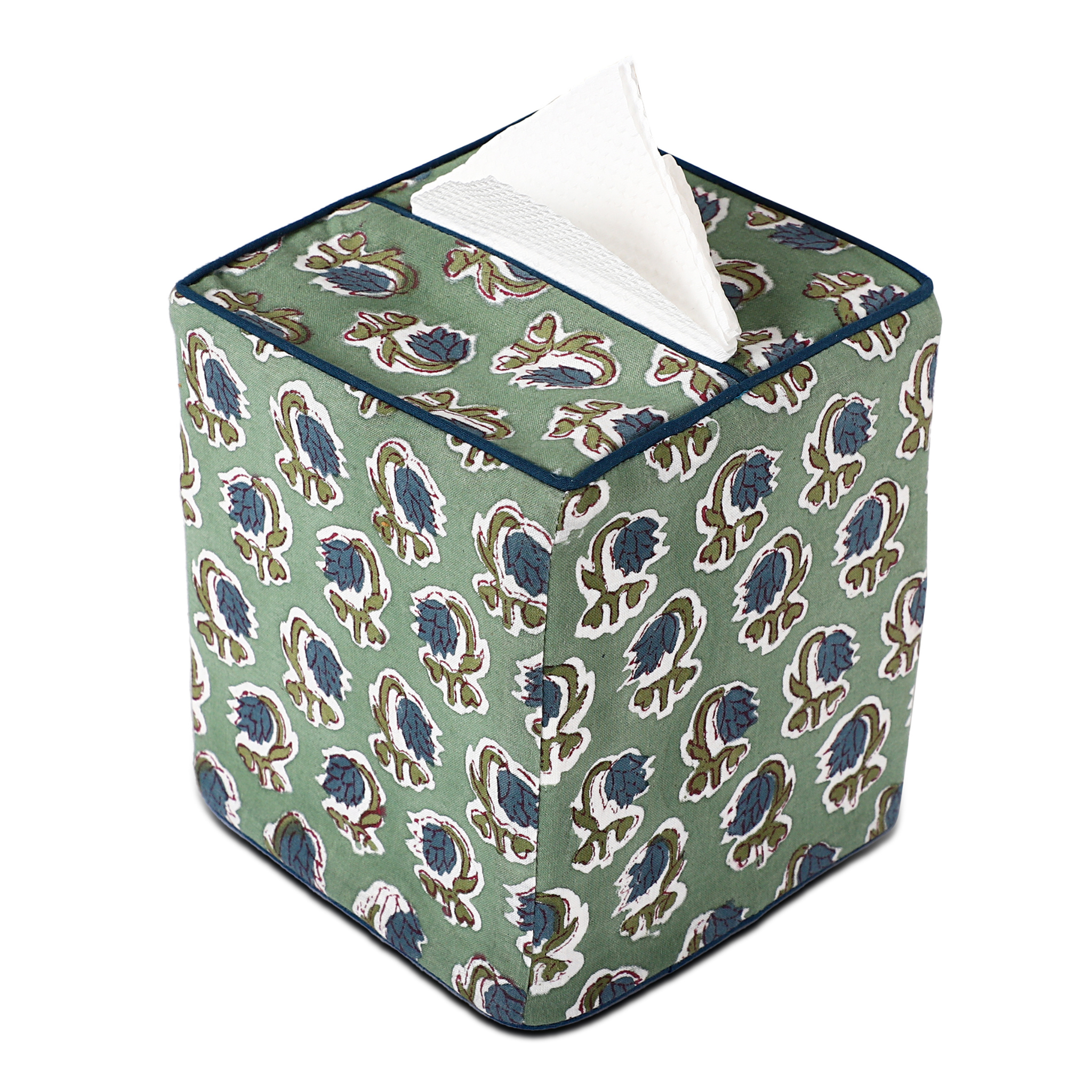 Decorative tissue box cover with floral pattern on a white background