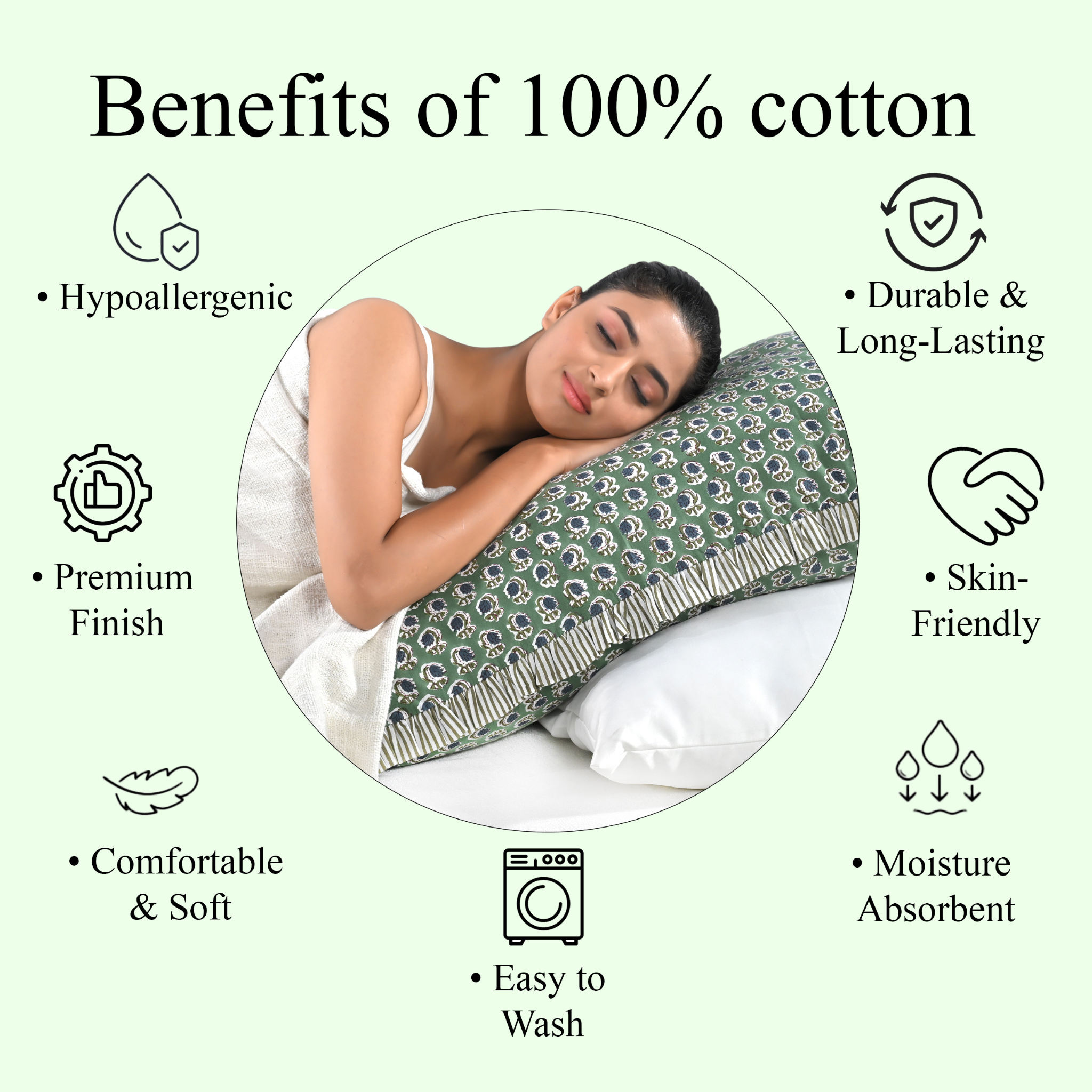 Benefits of 100% cotton pillow cover: breathable, soft, hypoallergenic, skin-friendly, easy to wash.