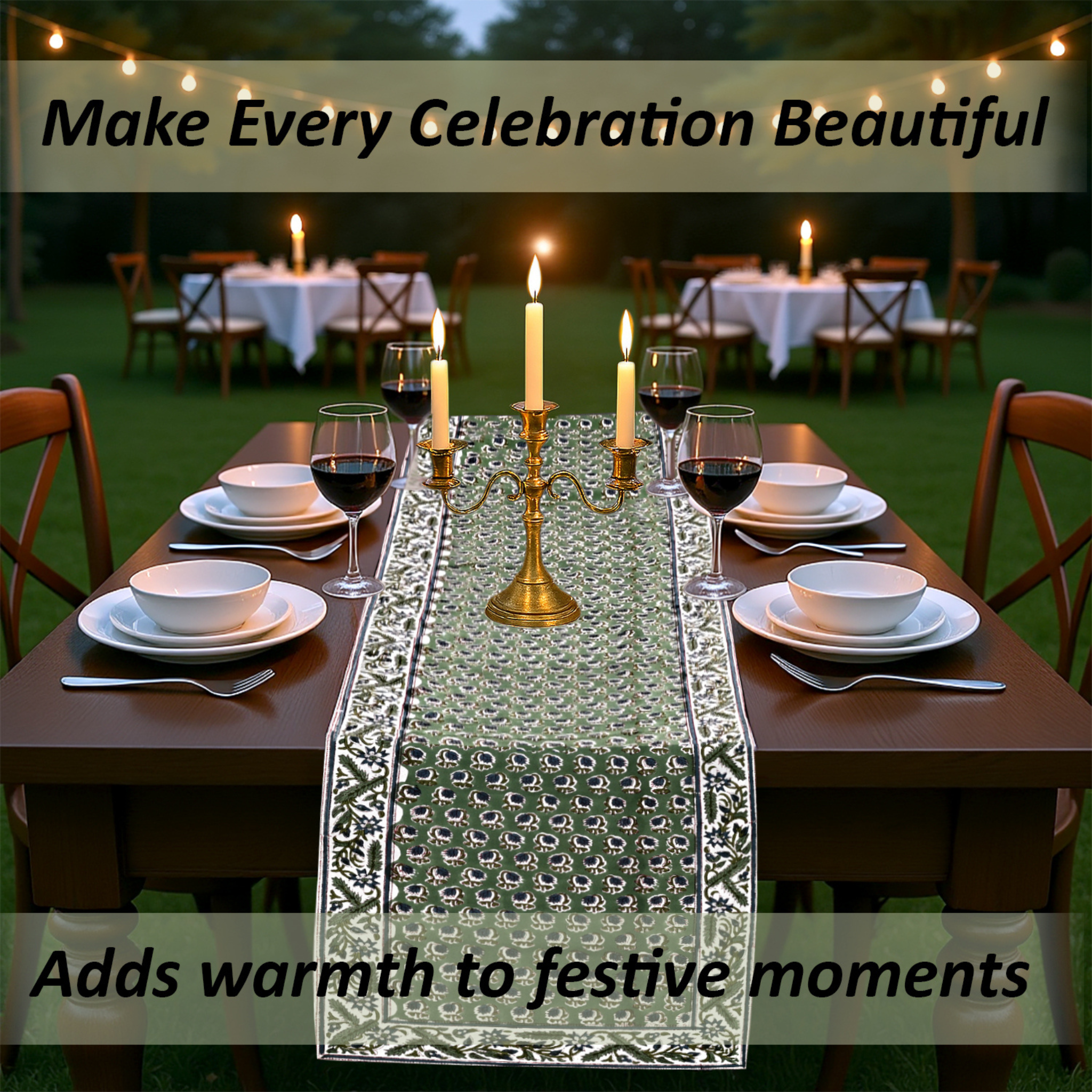 Dining table set for a celebration with candles and glasses, text overlay about making celebrations beautiful.