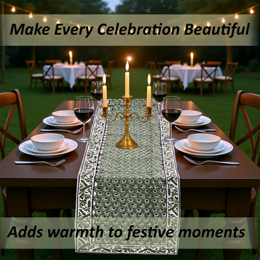 Dining table set for a celebration with candles and glasses, text overlay about making celebrations beautiful.