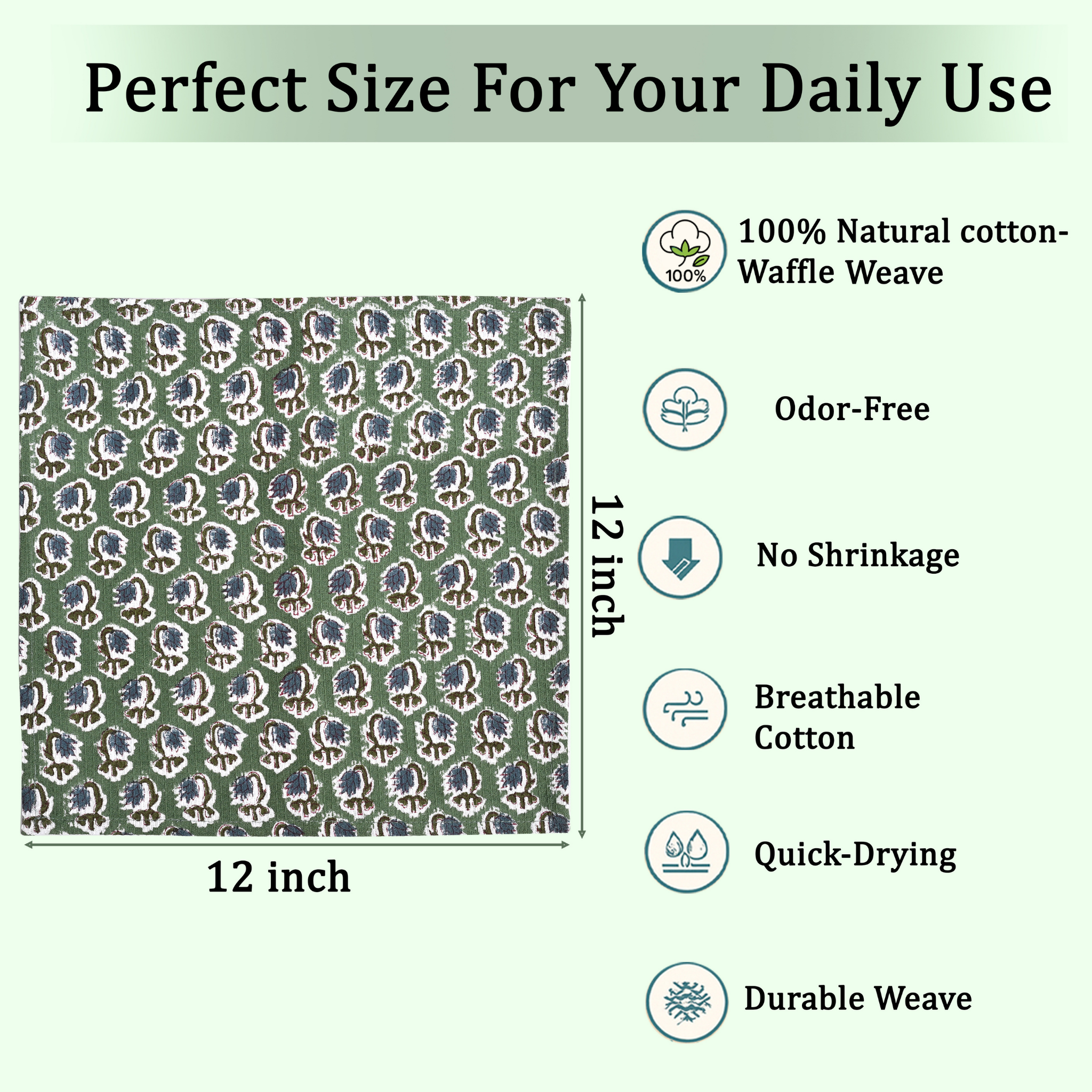 dish cloths swatch with pattern and text about fabric properties and dimensions