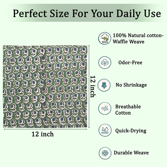 dish cloths swatch with pattern and text about fabric properties and dimensions