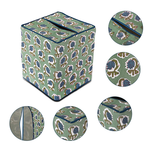 Patterned storage box with close-up details on a white background