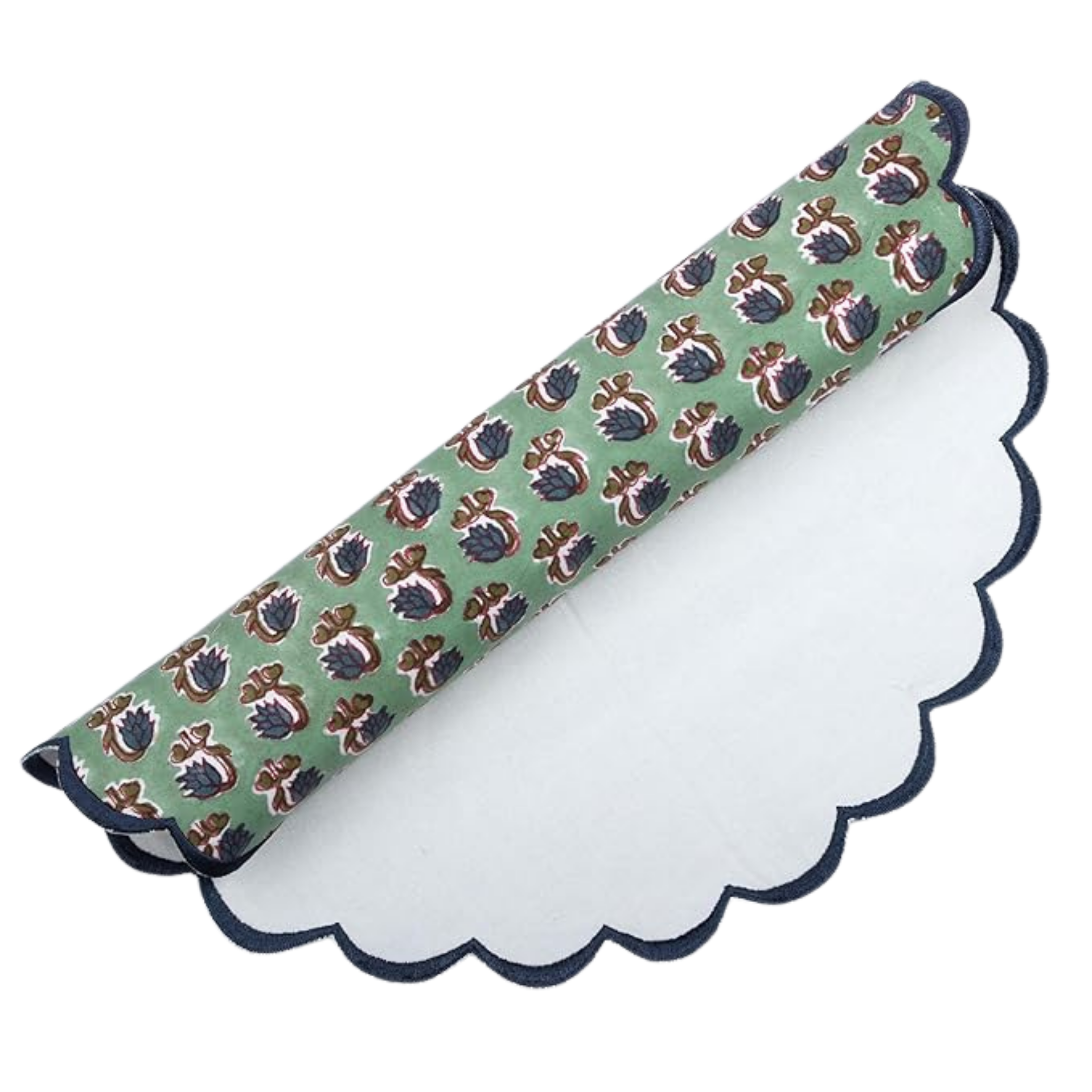 Patterned fabric roll with scalloped edge on a white background