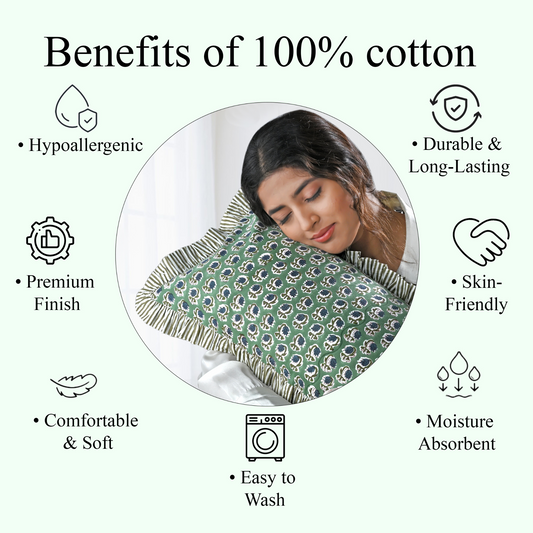 Woman holding a green patterned pillow with text listing benefits of 100% cotton.
