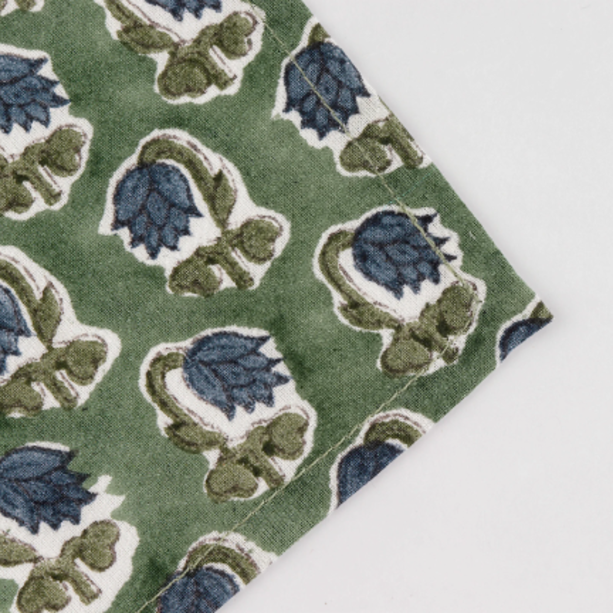 Close-up of a fabric with blue and green floral pattern on a white background