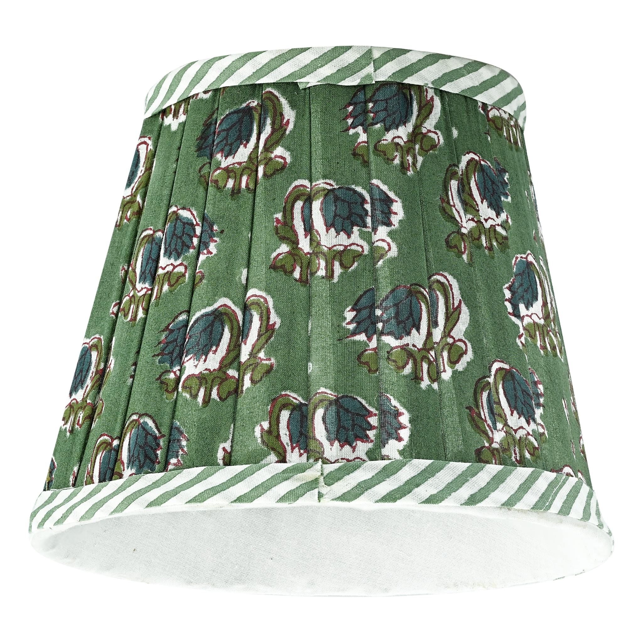Green pleated skirt with turtle pattern and white and green striped trim on a white background