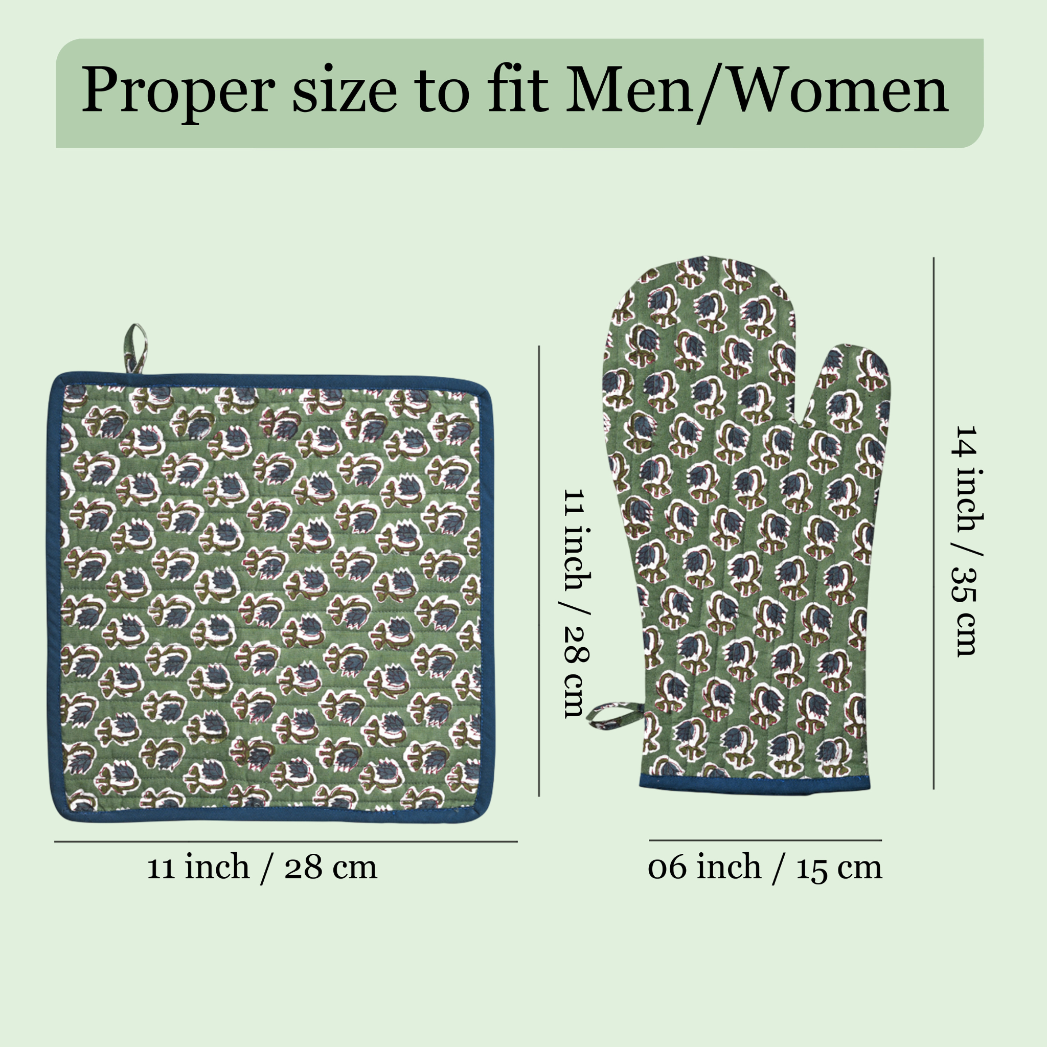 Patterned pot holder and oven mitt with measurements on a light green background