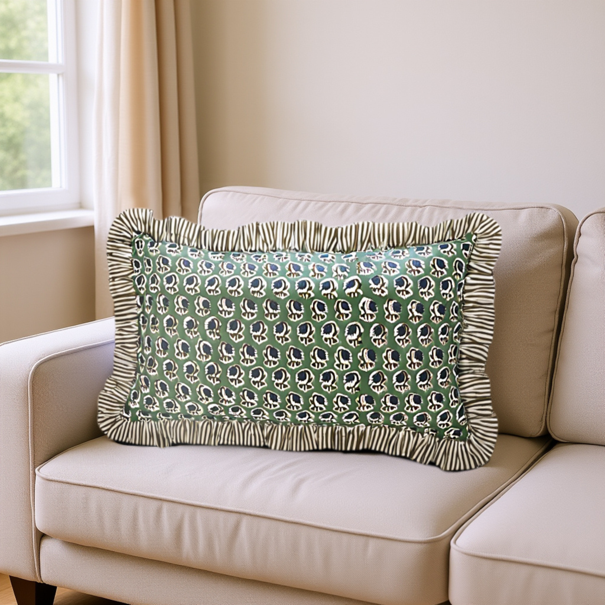 Patterned green pillow on a beige sofa with a window in the background