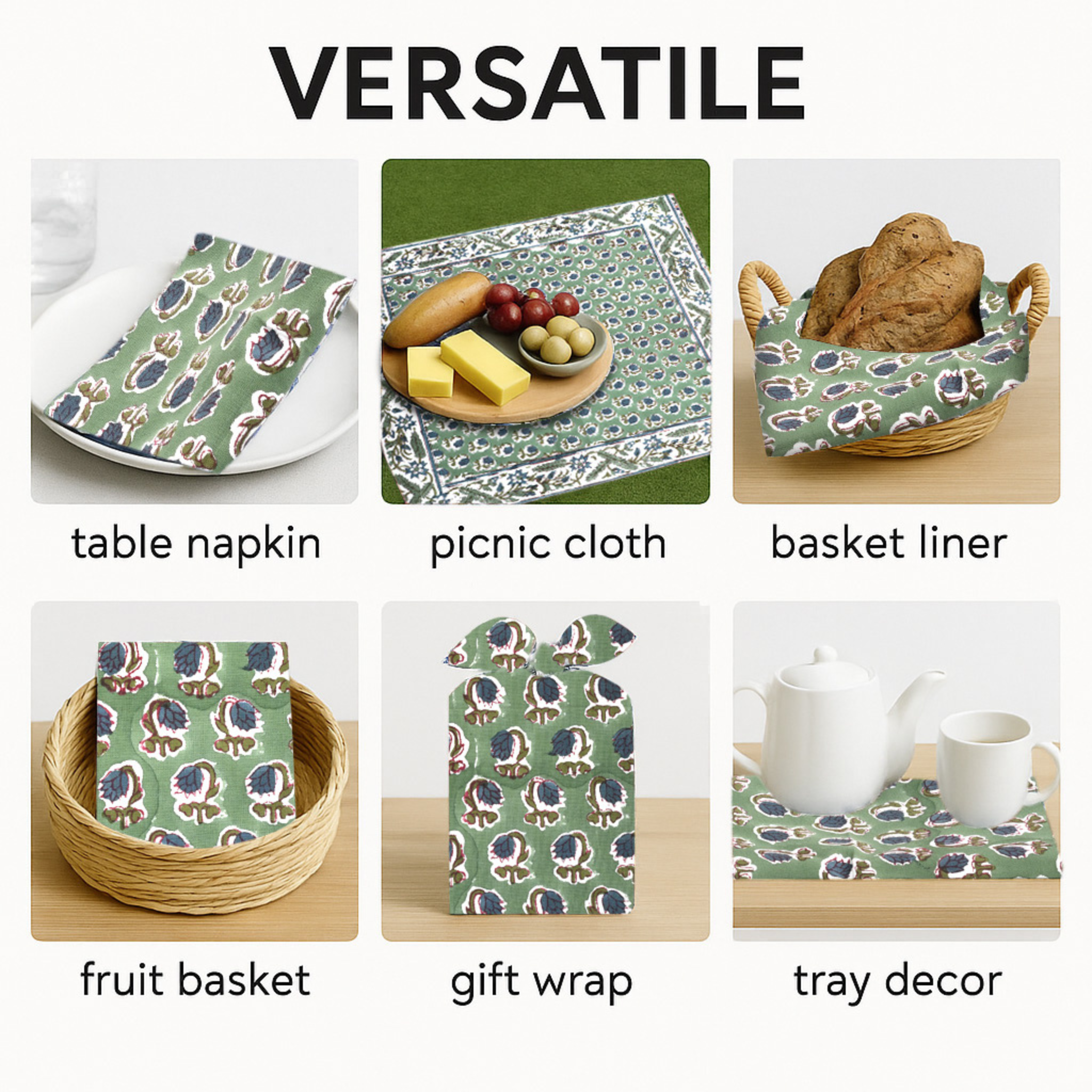 Versatile green patterned fabric used as a table napkin, picnic cloth, basket liner, fruit basket, gift wrap, and tray decor.