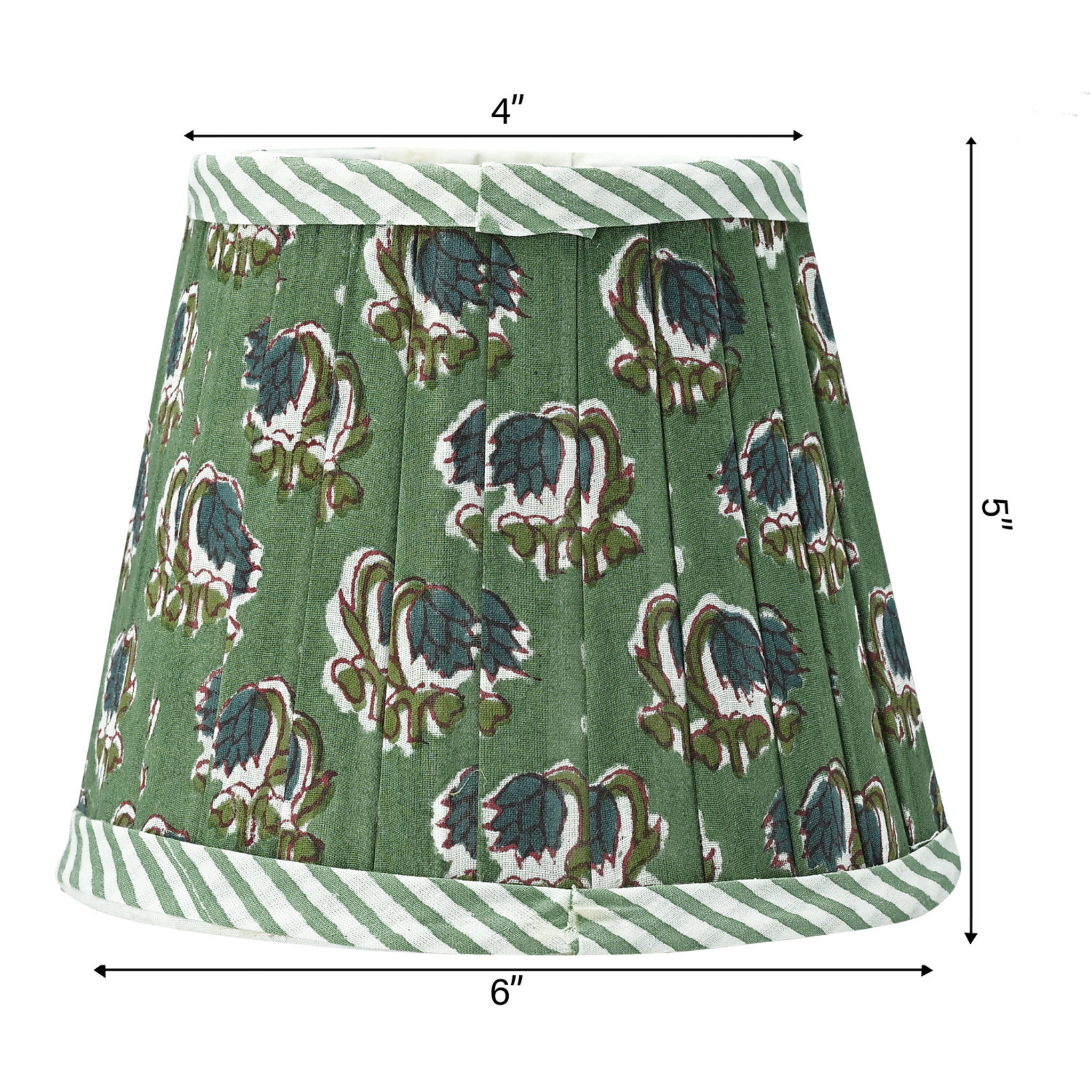 Green skirt with pattern and white stripes, shown with measurements on a white background