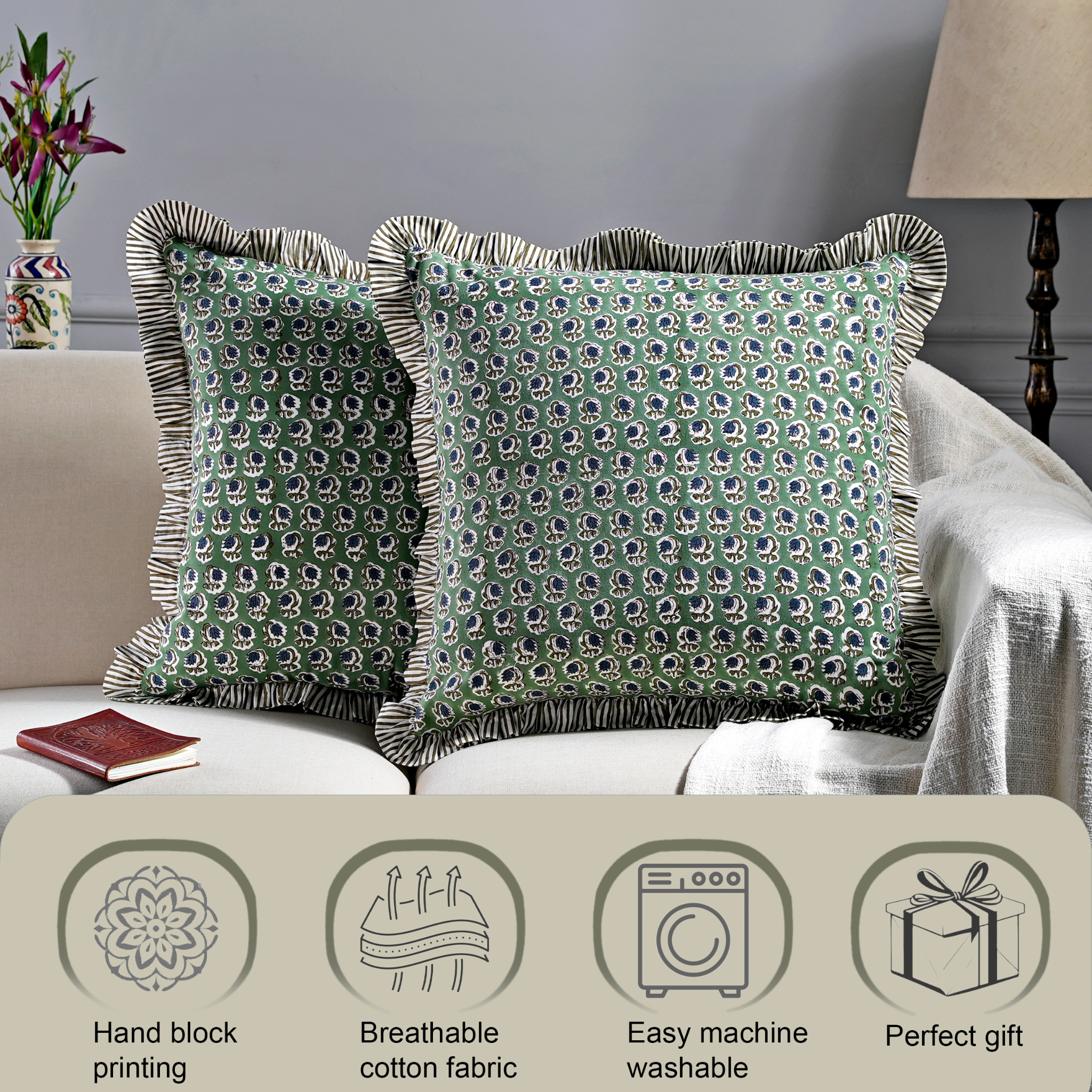 Decorative pillows with a green pattern on a sofa, featuring icons and text about product features.