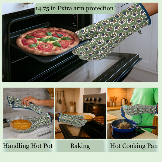 Oven mitt being used to handle a pizza, hot pot, baking dish, and hot cooking pan with text on arm protection.