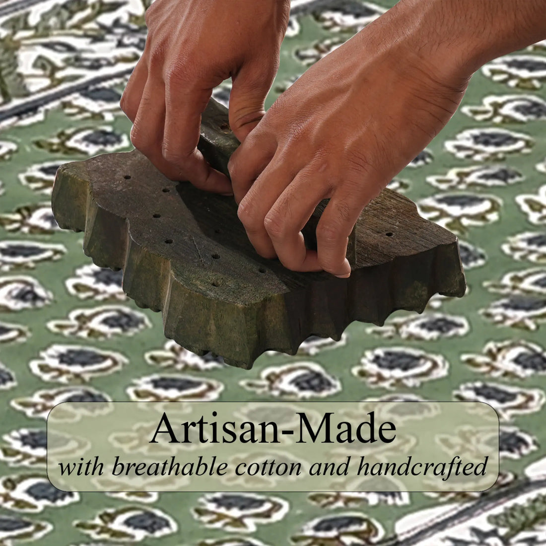 Hands working with a green woven textile on a patterned fabric background, with 'Artisan-Made' text overlay.