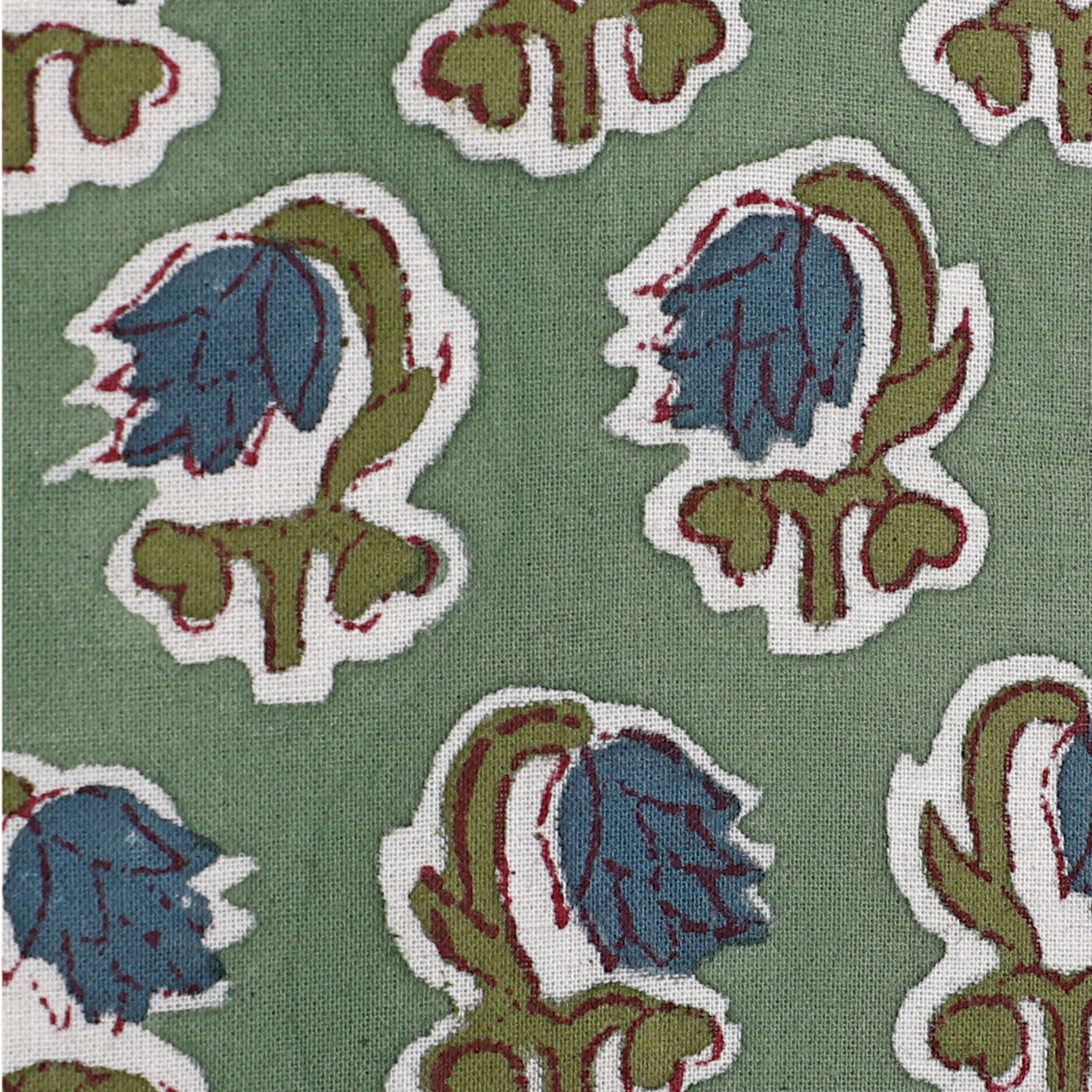Patterned fabric with blue and green floral design on a green background