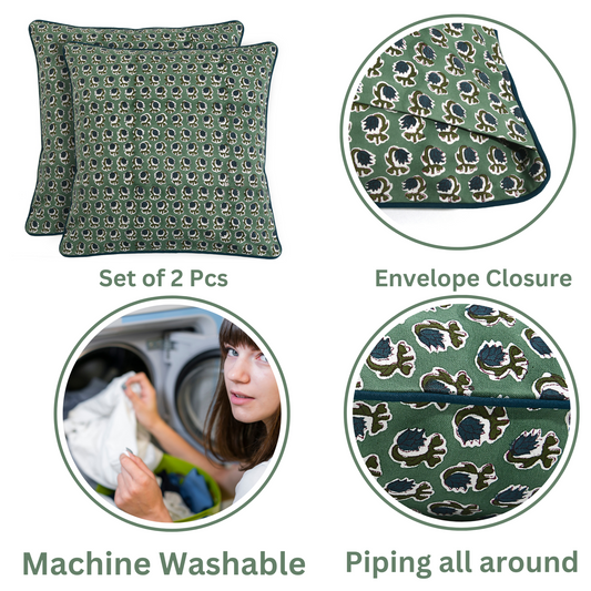 Set of two green patterned pillows with envelope closure, machine washable feature, and piping detail.