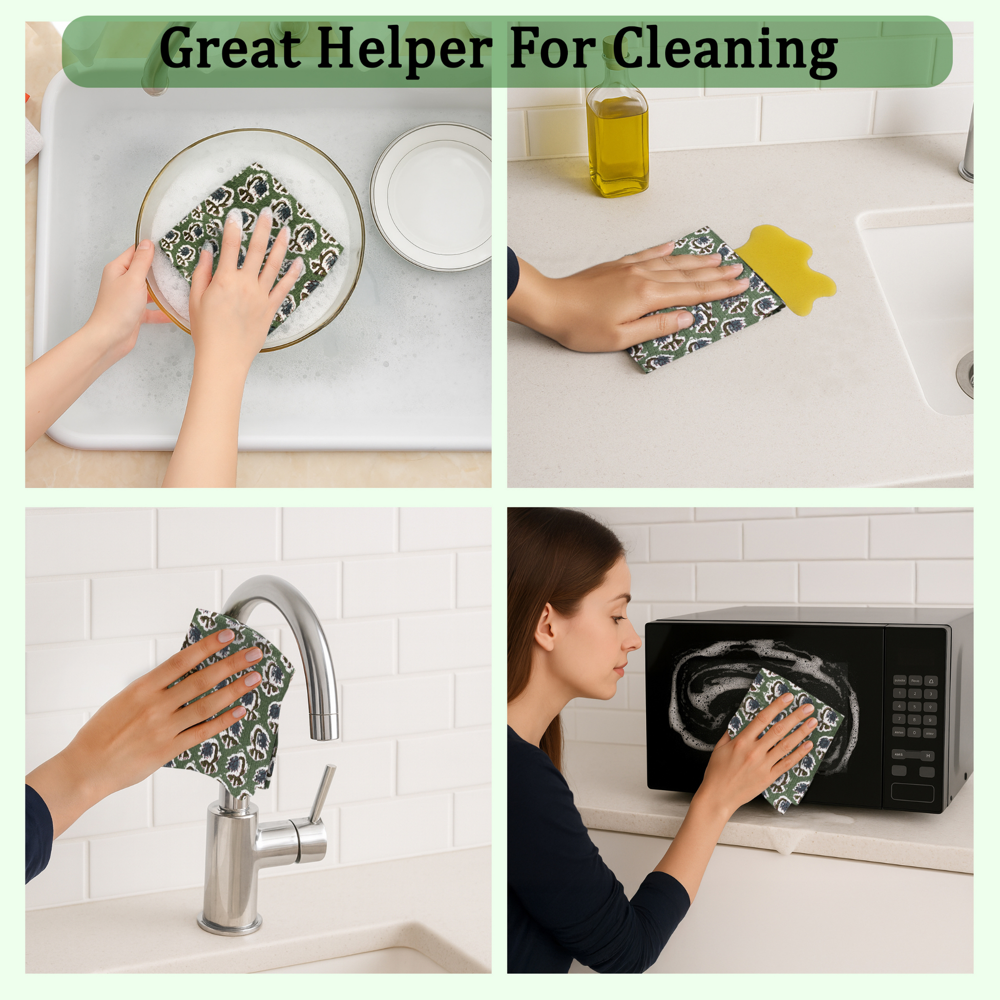 Cleaning dish cloths being used to clean a plate, countertop, faucet, and microwave.