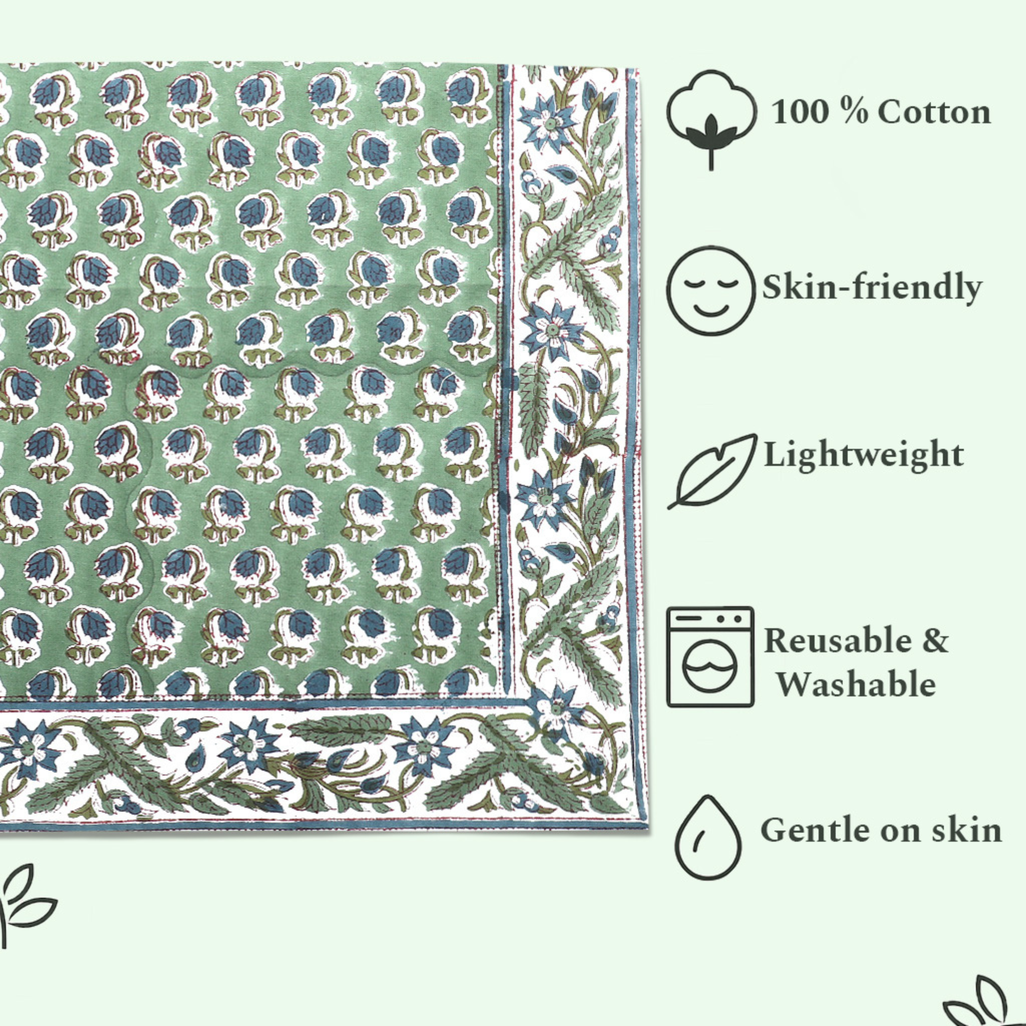 Patterned cloth with sustainability and product features listed on a white background