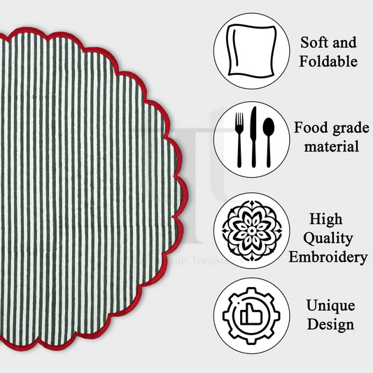 Round placemat with green and white stripes and red border, featuring icons and text about material and design.