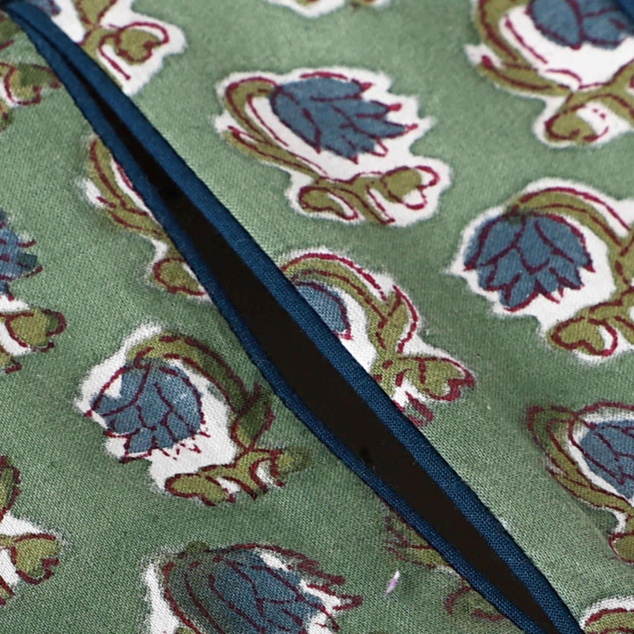 Close-up of a green patterned rug with floral designs