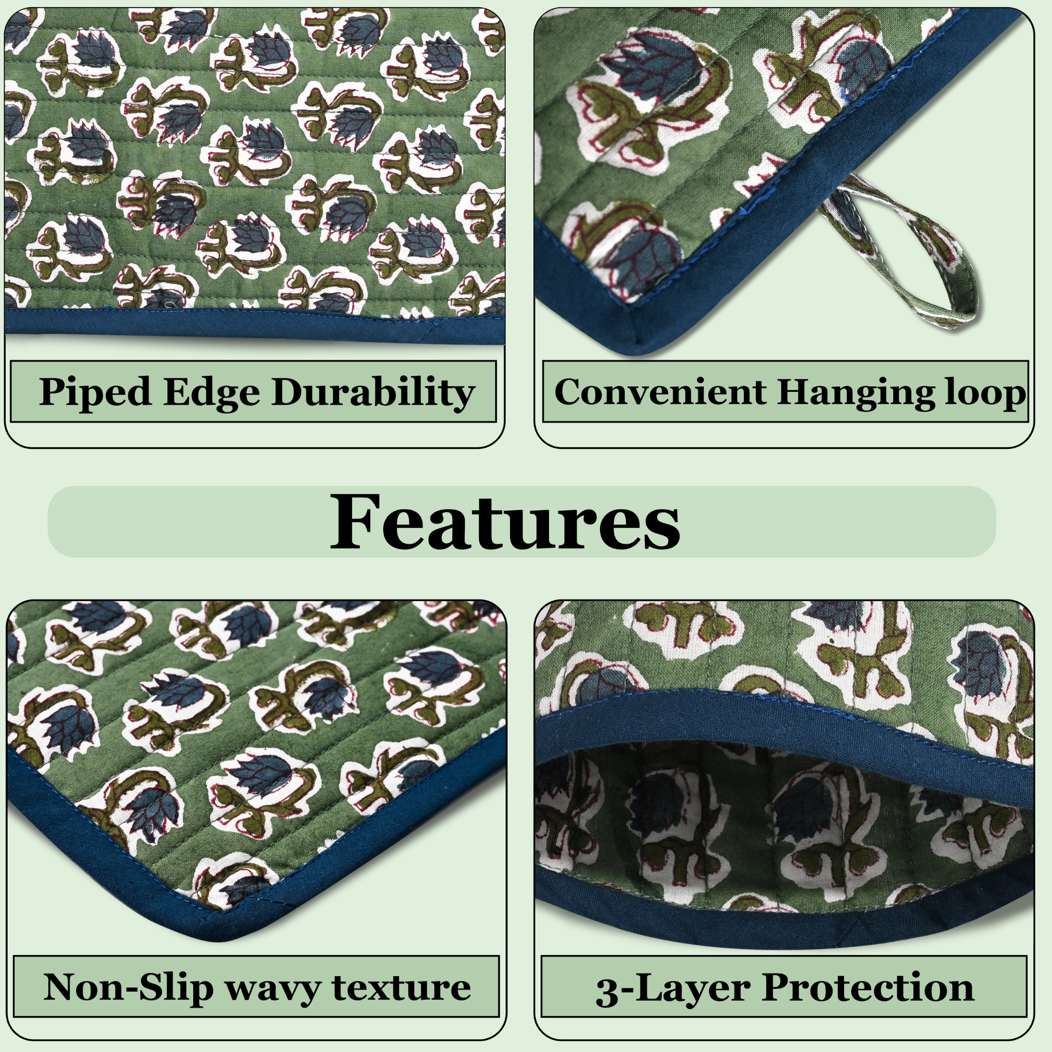 Product features with text labels on a green background