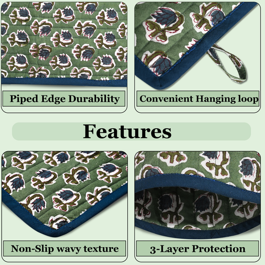 Product features with text labels on a green background