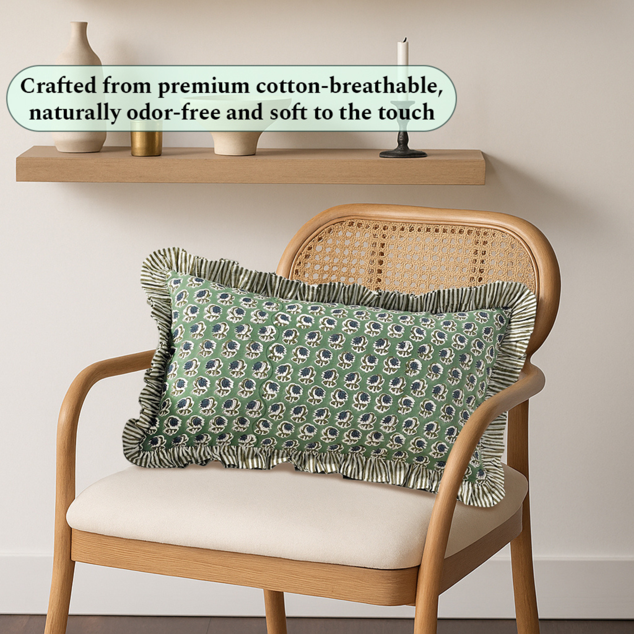 Decorative pillow on a wooden chair with text about material properties