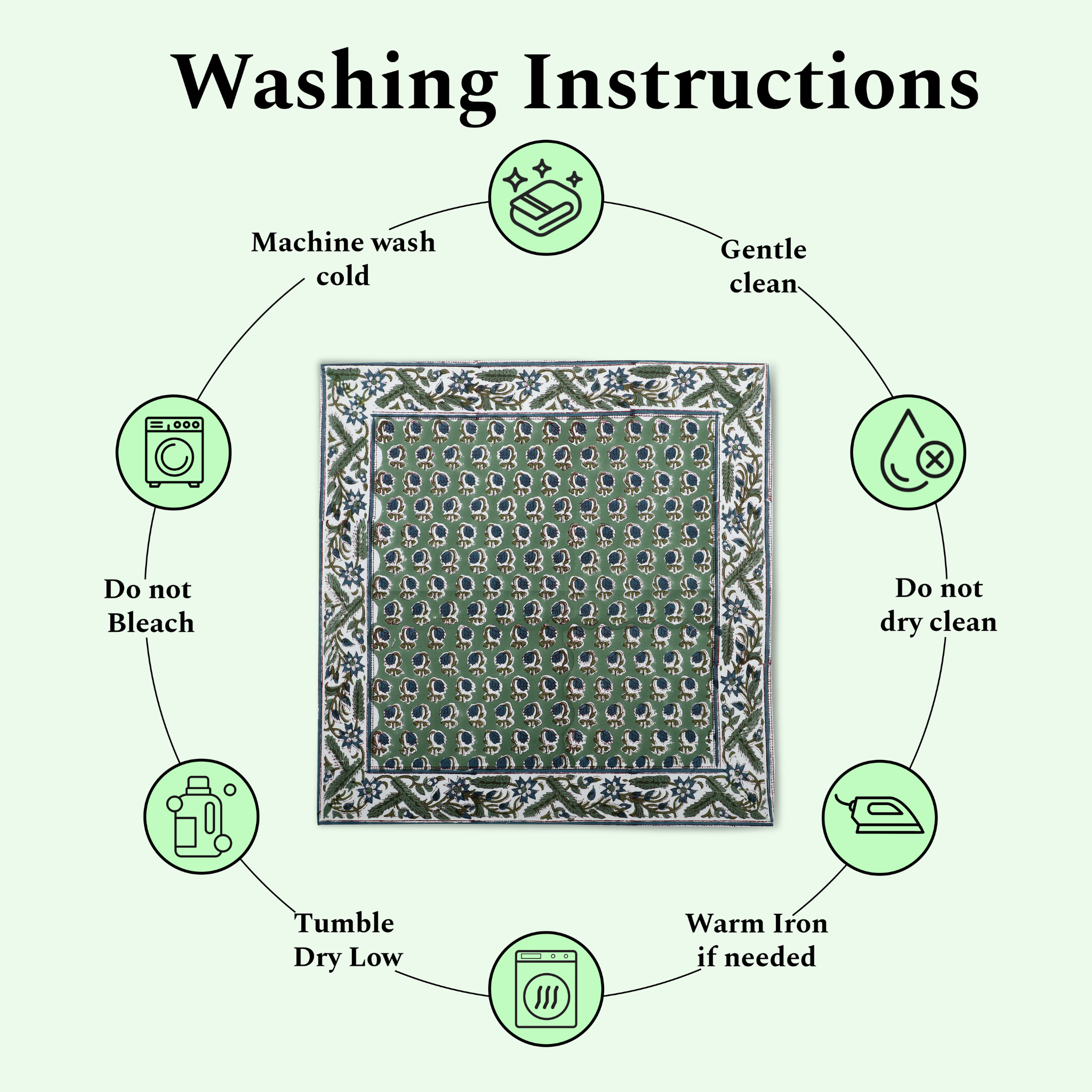 Washing instructions for a fabric product with icons and text on a white background