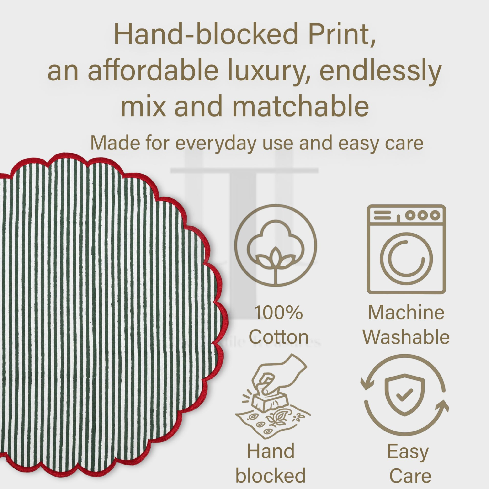 Text and graphic elements about hand-blocked print fabric, including features like 100% cotton, machine washable, hand blocked, and easy care.